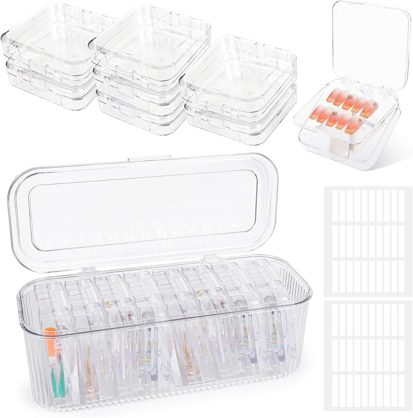 INMORVEN Nail Storage Box Set - 14 genomskinliga spiklådor + 1 stor ask och 60 självhäftande skivor - Idealisk för förvaring av lösnaglar, gelnageltillbehör och nagellack (14 stycken i ett lager)