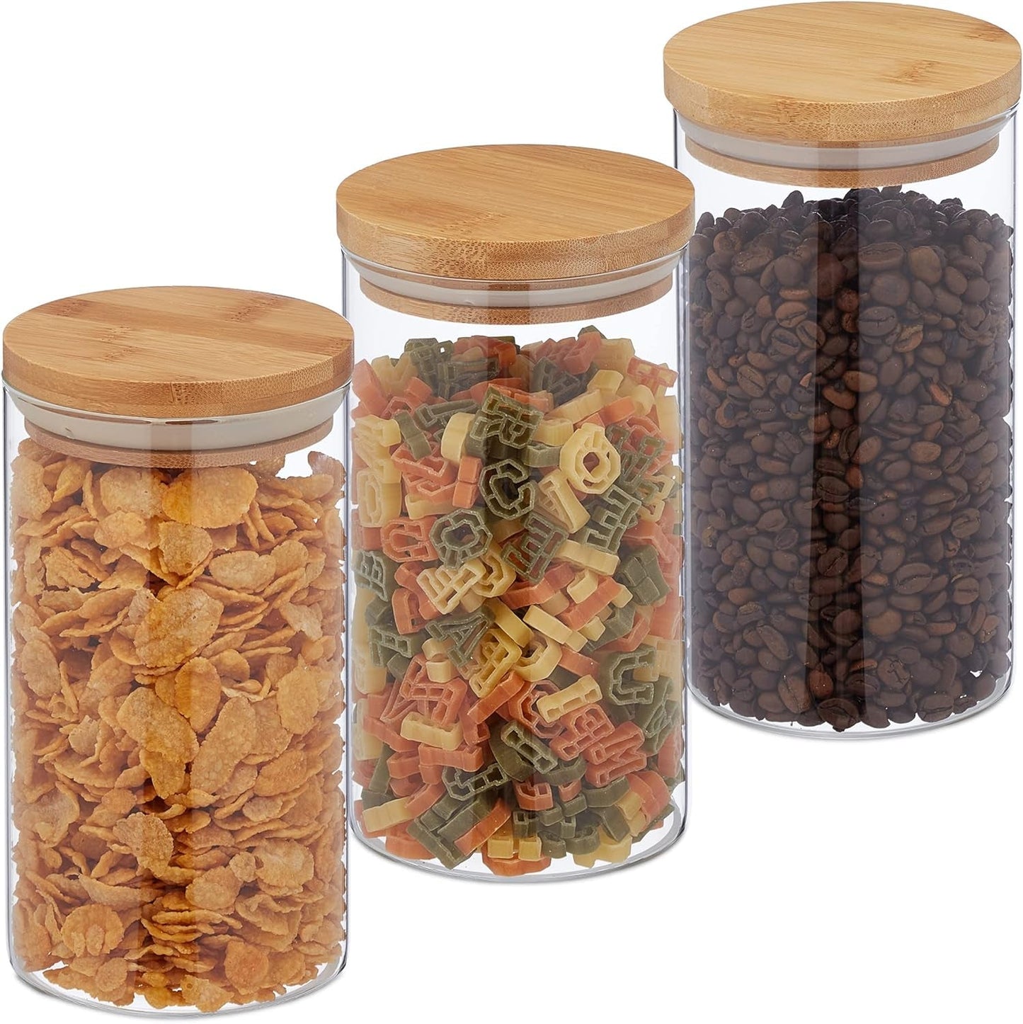 Relaxdays förvaringsburkar med bambulock Set med 3 runda glasburkar 1000ml Läckagesäkra Klar/Naturlig 18x10cm Matförvaringslådor Naty Shop Transparent/Naturlig 1000Ml