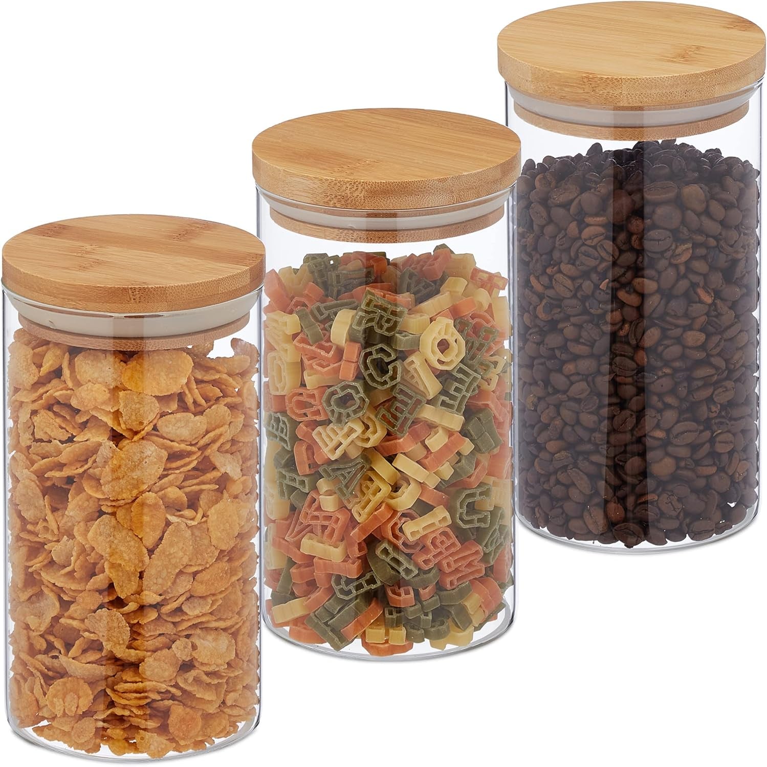 Relaxdays förvaringsburkar med bambulock Set med 3 runda glasburkar 1000ml Läckagesäkra Klar/Naturlig 18x10cm Matförvaringslådor Naty Shop Transparent/Naturlig 1000Ml