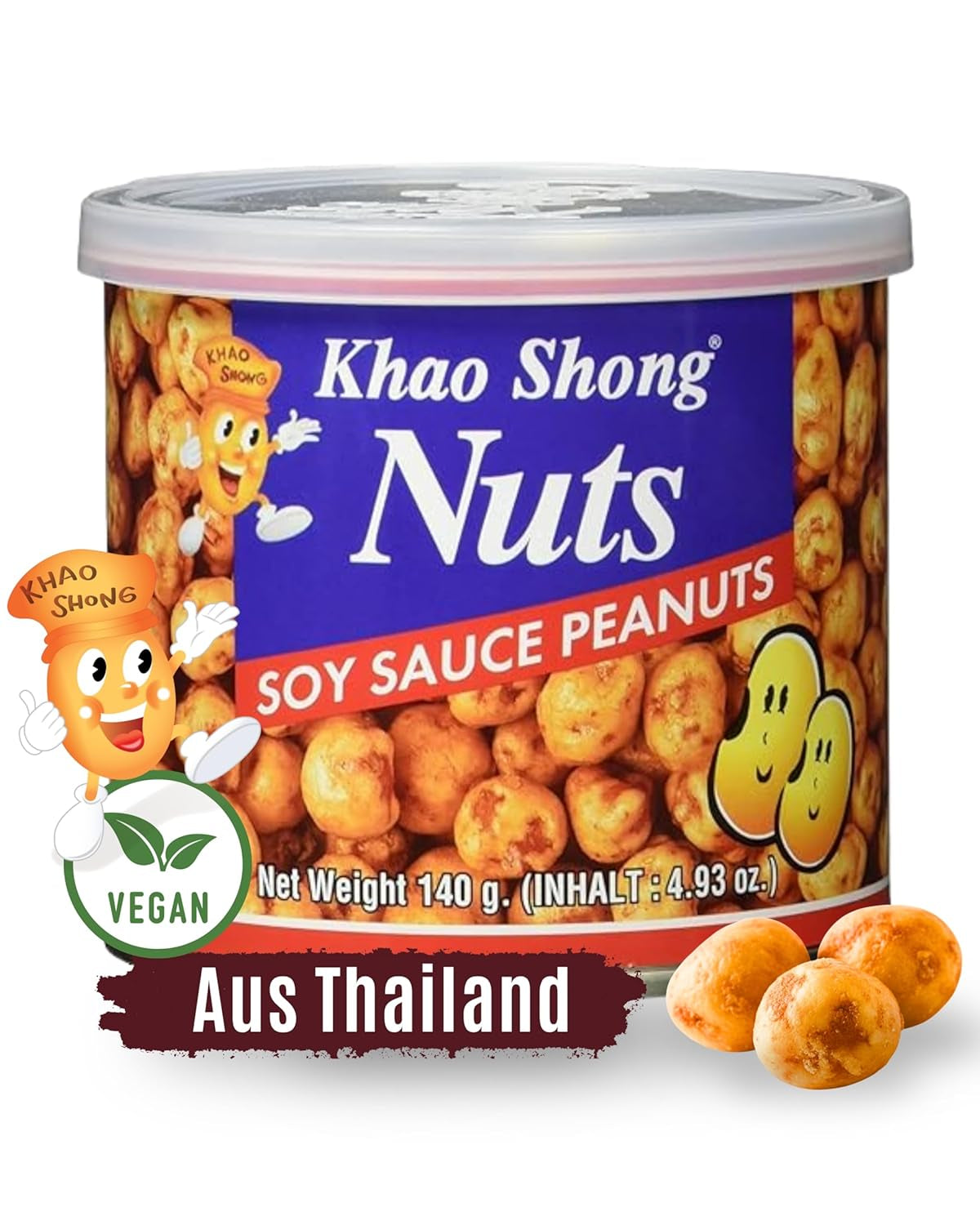 Khao Shong Friterade gröna ärtor med wasabi, krispiga ärtor i en kryddig smet, ett fettsnålt alternativ till nötter, medelkryddigt, 1 140g burk | 140 g (1 förpackning)