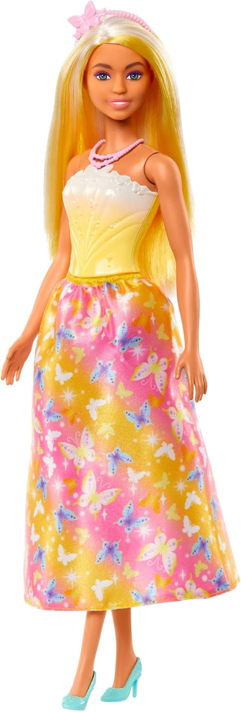 Royal Barbie Doll med snyggt hår med färgglada hårstrån, färgglada accessoarer, gradient gul topp och fjärilskjol, HRR09 Naty Shop Dolls