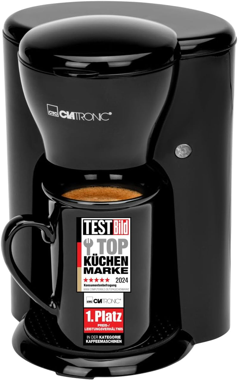 Clatronic® 1-kopps kaffebryggare | Perfekt espressomaskin för ensamstående | Espressomaskin med filter, inklusive keramisk kopp | Liten espressomaskin med filter, perfekt för resor | KA 3356
