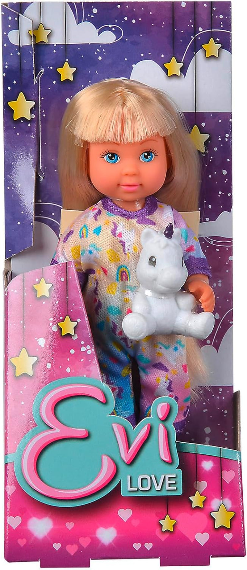 Simba Evi Love Pyjamas, 3 olika färger, endast ett föremål skickat, docka i söt pyjamas med enhörningsplysch, lekdocka 12 cm, ålder 3+
