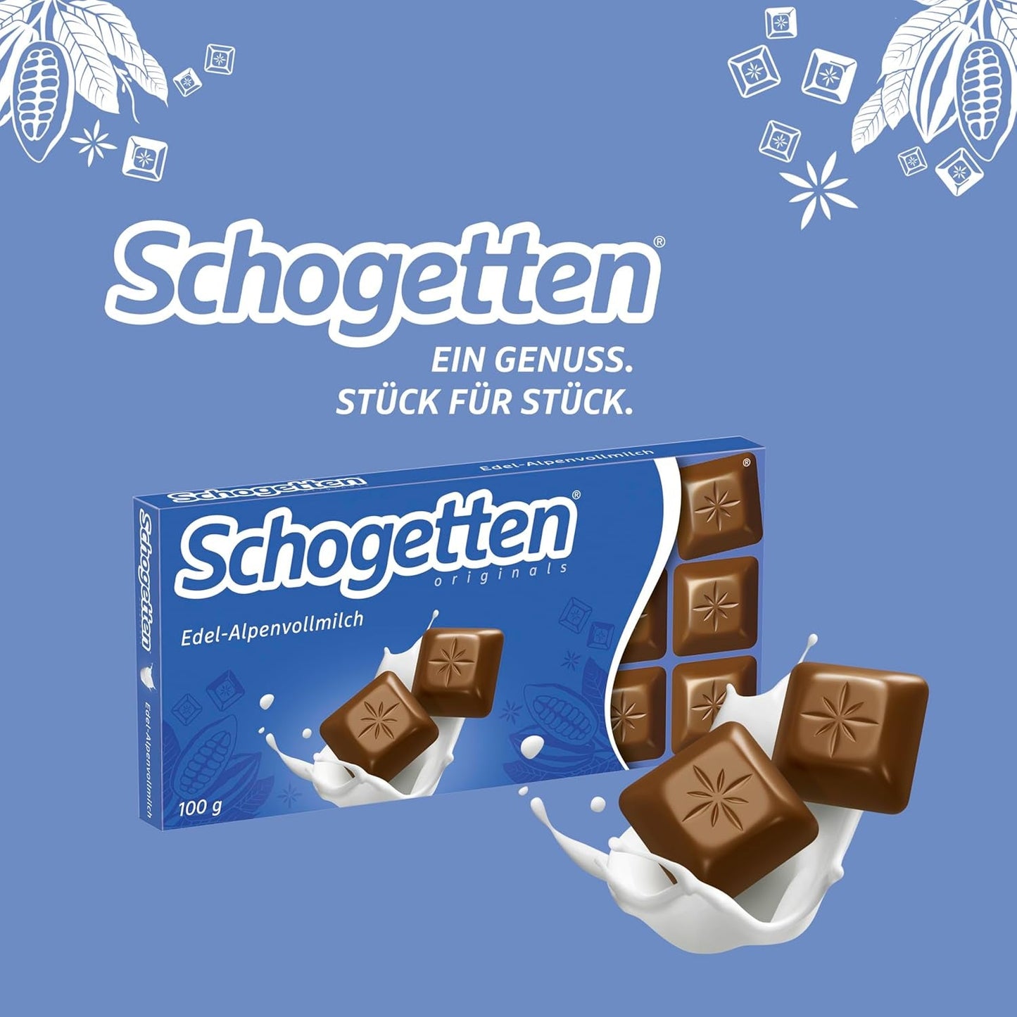 Schogetten Premium Alpine mjölkchokladkaka, 100g, individuellt portionerad. En fröjd. Bit för bit.