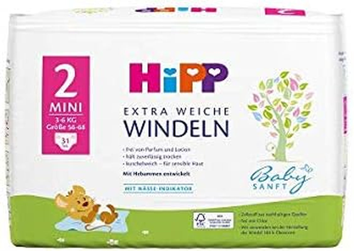 HiPP Babysanft miniblöjor storlek 2 i 2 veckors förpackning (124 blöjor)
