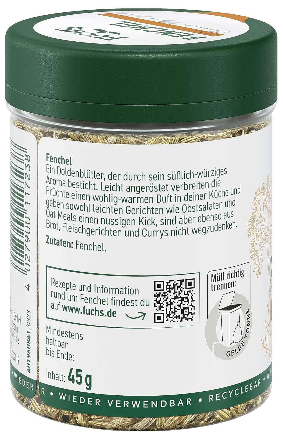Fuchs - Hel fänkål - söt och kryddig smak för fruktsallader - 45 g Condimente Naty Shop