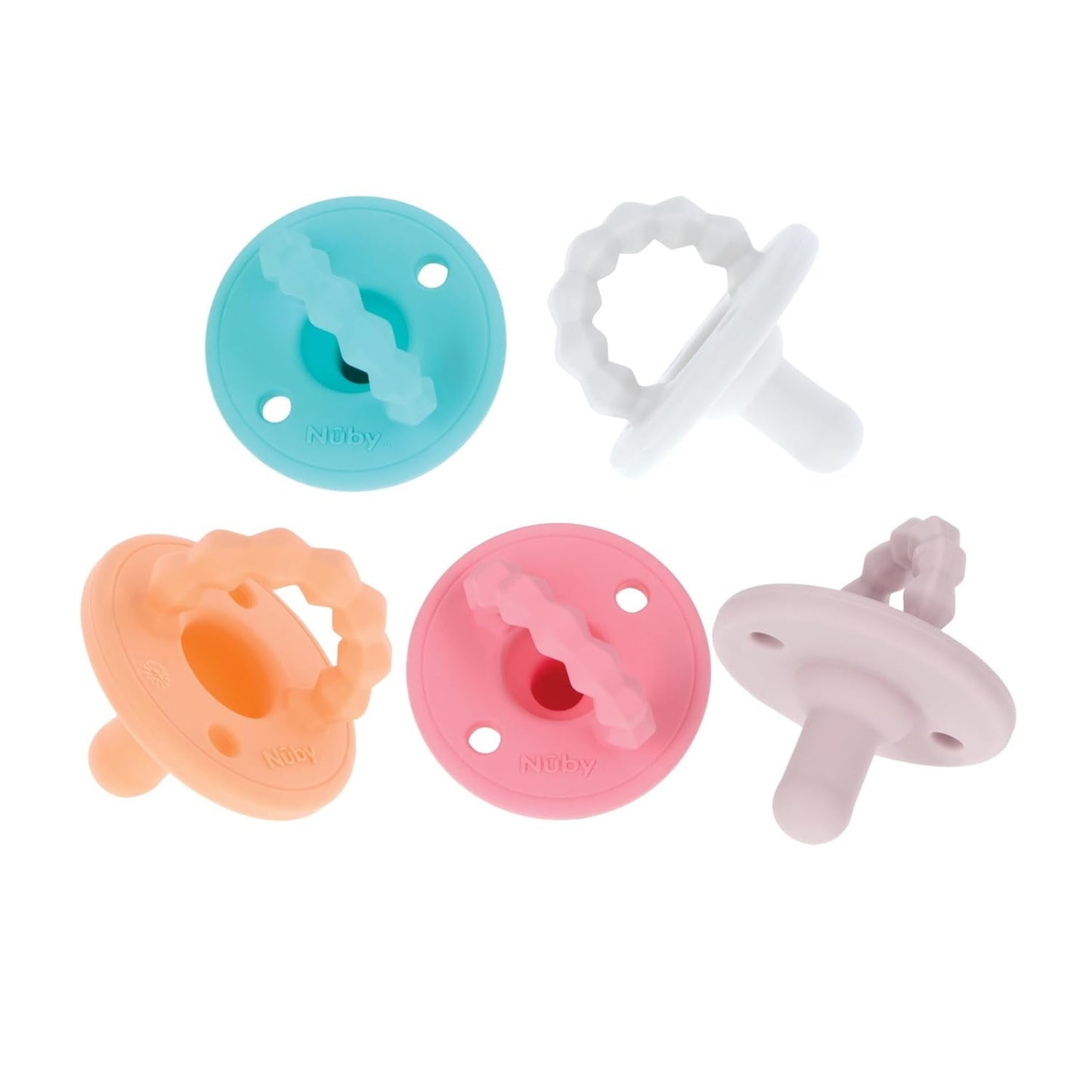 Nuby – Set med 5 mjuka ortodontiska nappar och nappar i silikon | 3 modeller för dag och natt | 2 modeller som lyser i mörkret | BPA-fri | Bröstliknande form | För 18-36 månader
