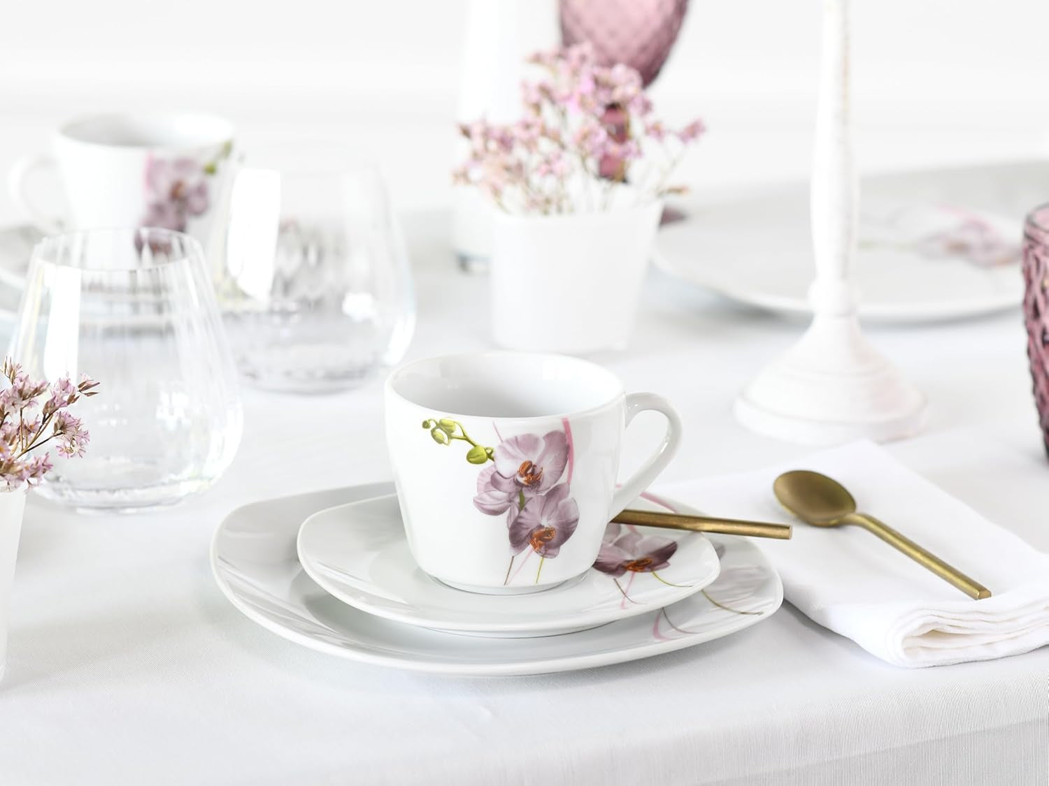 CreaTable, 24024, Square Orchid Series, 18-delat servisset för 6, porslinskaffe, diskmaskin och mikrovågssäker, kvalitetstillverkning