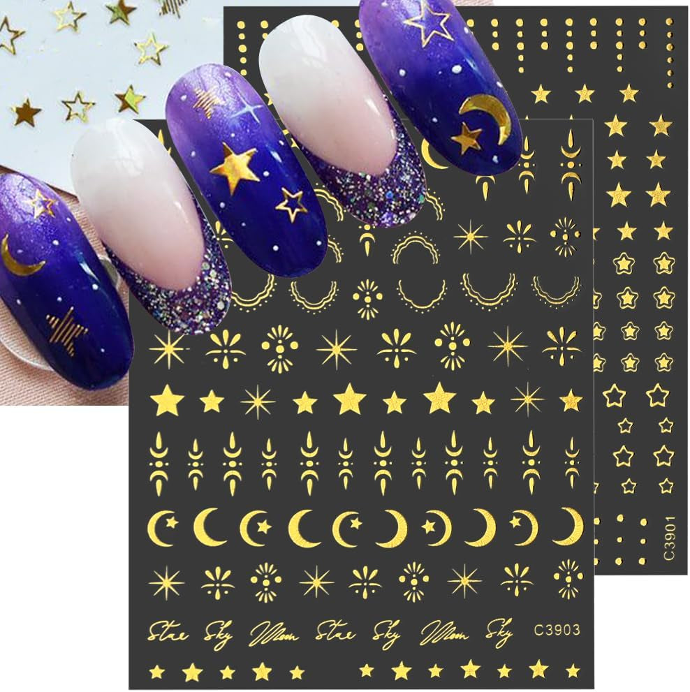 8 ark Guld Måne och stjärnor Nail Art Stickers Angel Wings Tan Guld Nail Stickers Stars Nagelfolier Självhäftande nagelklistermärken Nageldesign Tillbehör Nagelklistermärken