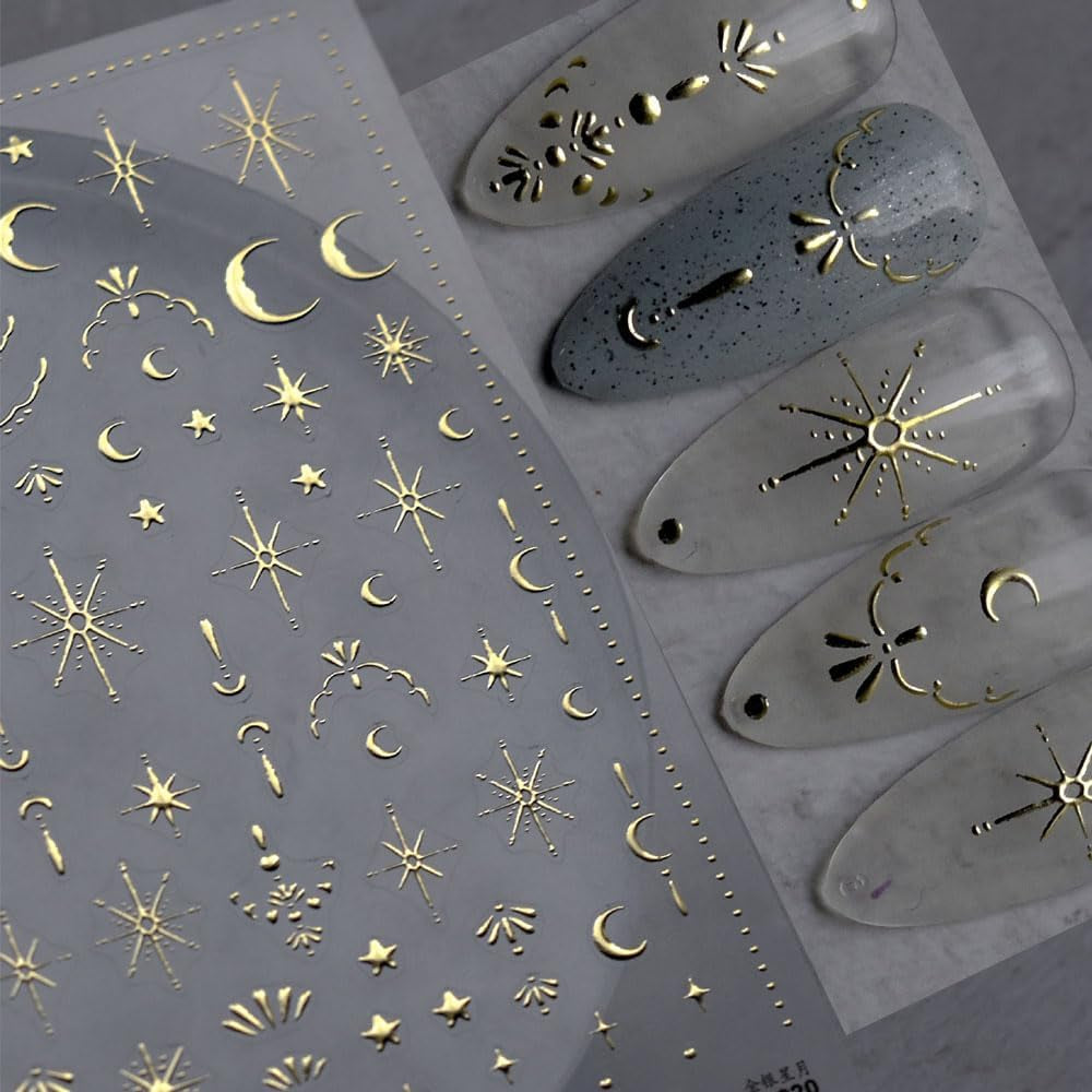 guldstjärna och måne nagelklistermärken, änglavingar, bruna guld nagelklistermärken, stjärnor, nagelfolie, nagelklistermärken, tillbehör till nageldesign, nagelklistermärken