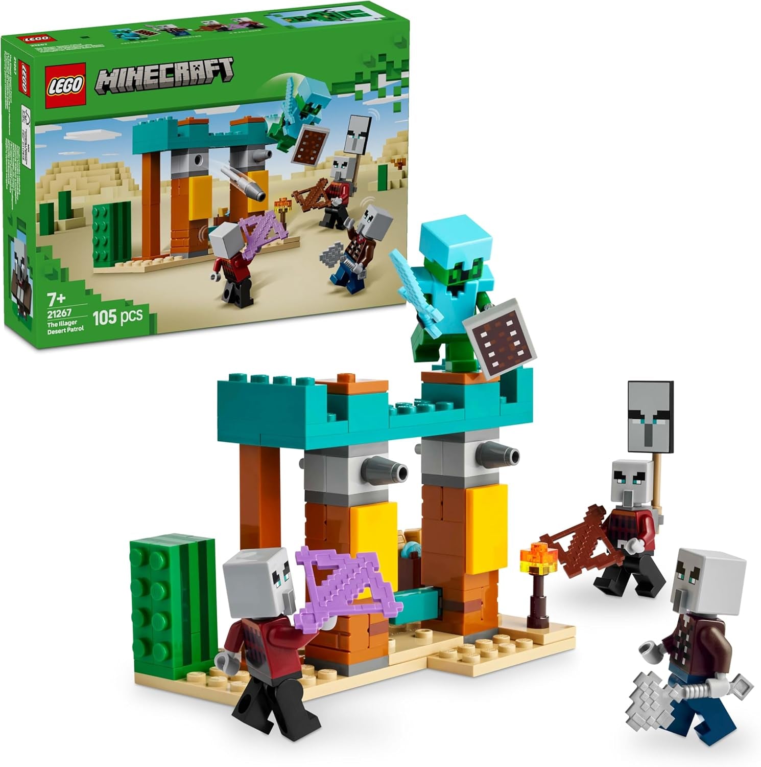 LEGO Minecraft The Illager Desert Patrol videospelset för barn, Outpost Mini Toy och tre minifigurer inklusive plundrare, tjänare och kaktusriddare 21267 Byggset Besuche den LEGO-Store Standardtitel