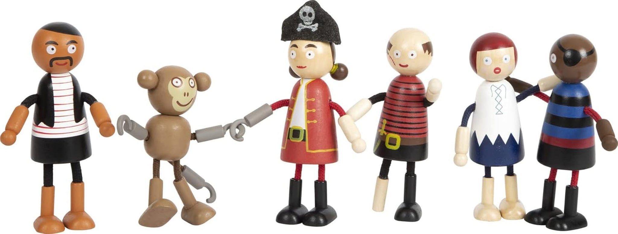 Små fots flexibla piratdockor i trä, 5 pirater och 1 apa, detaljerade och flexibla, 3+, 12412