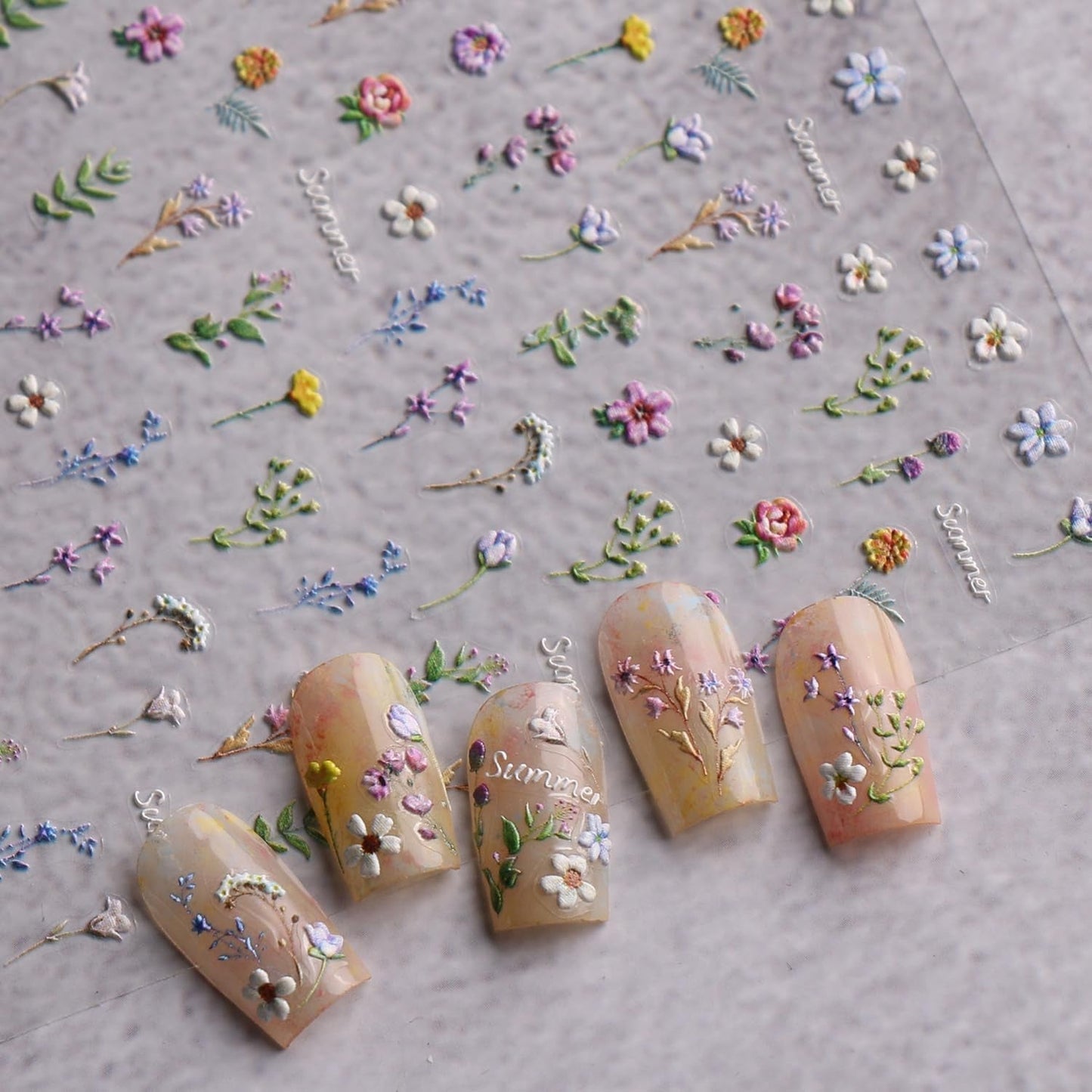 JMEOWIO 3D Nagelsticker Blume Frühling Sommer Floral Nail Art Sticker Selbstklebend Nagelaufkleber 5D Stereoskopisk Dekoration Nageldesign Zubehör 1 Blatt