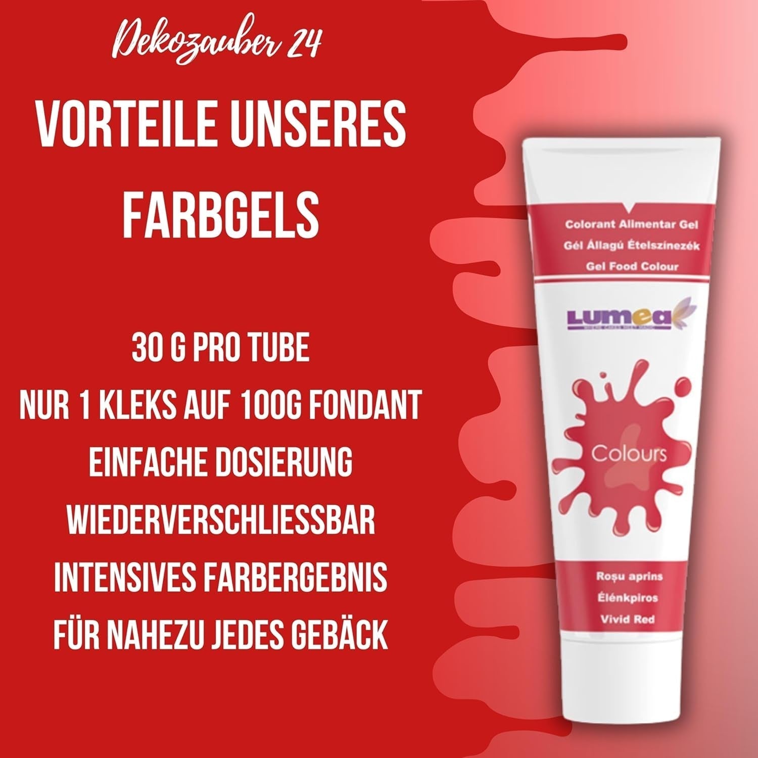 Dekozauber 24 röd matfärg, gel, 30 g, vegansk, sockerfri, högkoncentrerad, röd matfärg för fondant, smörkräm, drycker och mer