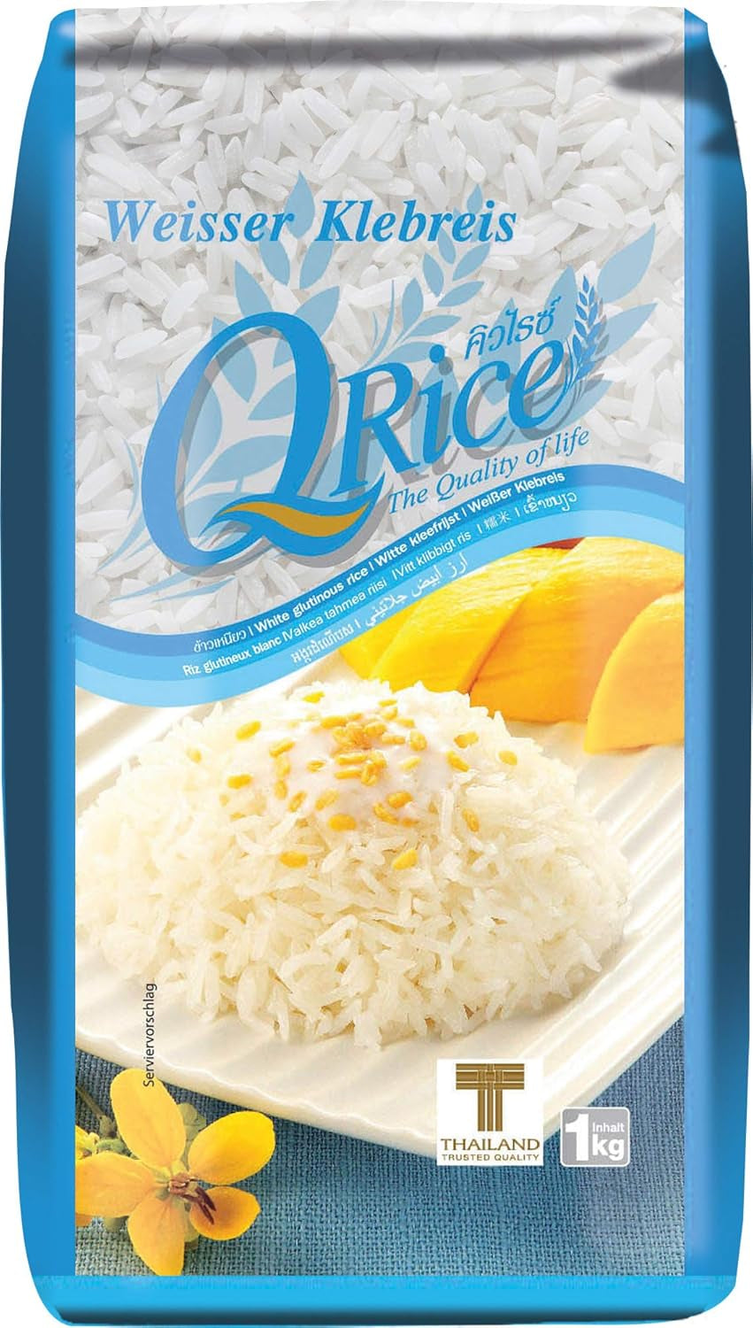 Q RICE | Weißer Klebreis Langkorn aus Thailand | Aromatisch mit klebriger Textur | Idealisk för curry, sushi, mochi eller rispudding 1 x 1 kg