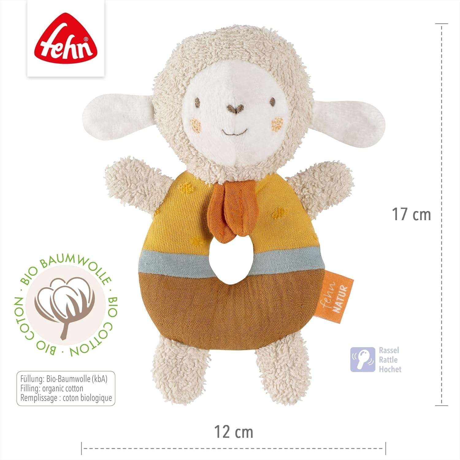 Fehn babygripring fårleksak fehnNATUR - plyschleksak med ekologisk bomull - babyleksak med klocka och lekfull lärleksak - greppleksak för spädbarn och småbarn från 0+ månader Babyleksaker Naty Shop