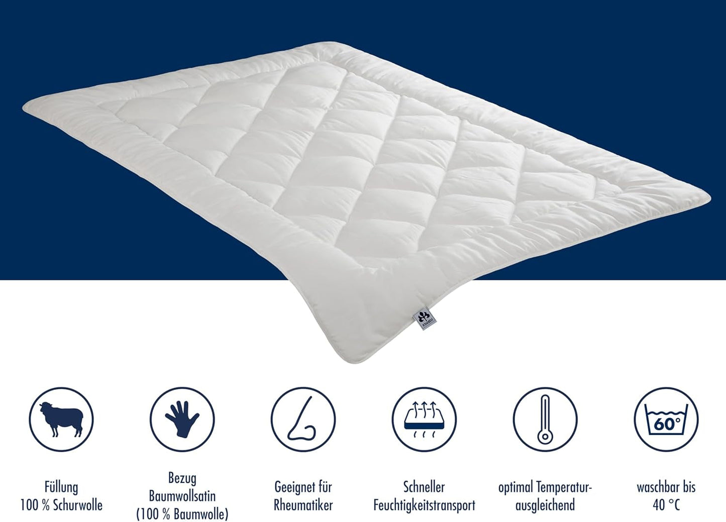 Irisette Merino All Season Quilt - Tillverkat i Tyskland - Nytt övergångstäcke i rent ull, 135 X 200 cm, Vit, Oeko-Tex Certified Quilts and Quilts Naty Shop