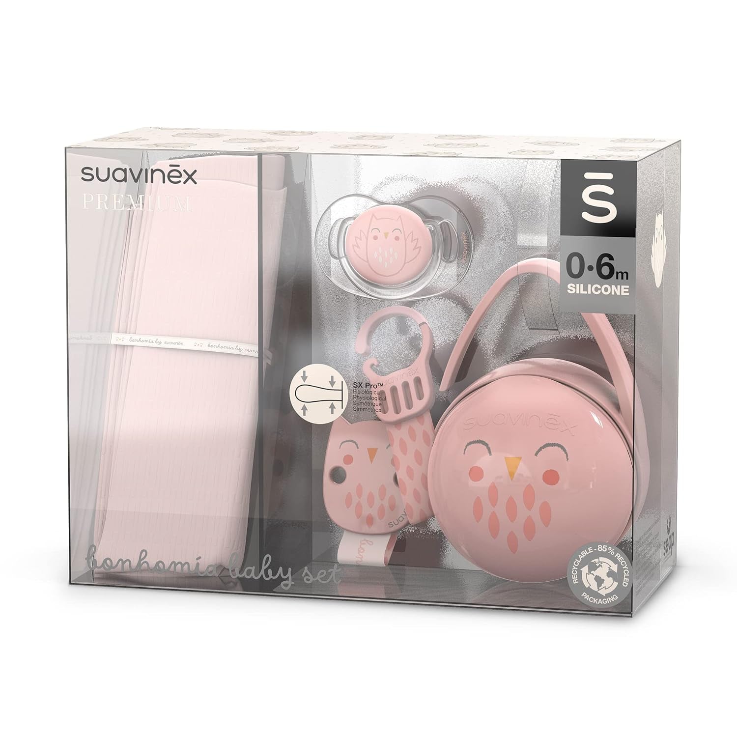Suavinex presentset för nyfödda. 4-delat set inklusive: Physiological SX Pro napp för bebisar 0-6 månader + napphållare + Duo nappskydd + silikon tandring. Underlandet, beige