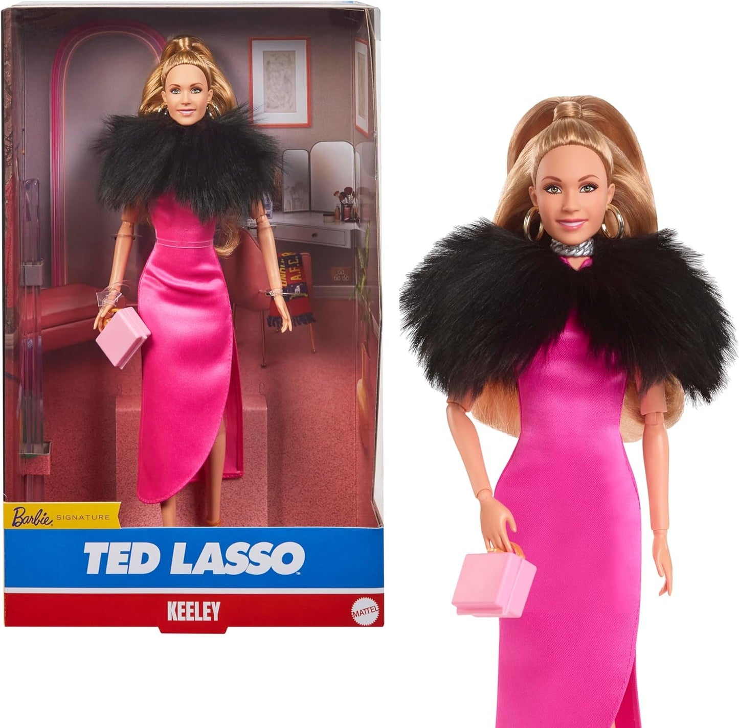 BARBIE Keeley Jones - Ted Lasso Inspirerad samlardocka, Hot Pink Silk Midi-klänning, Gold High Heels, Black Cape, Gold Hoop Örhängen, Rosa väska, For Ages 3+, HJW92