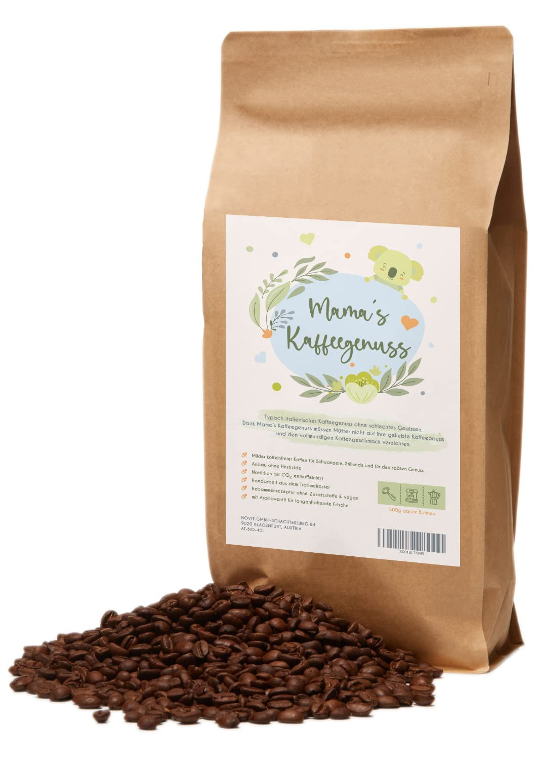Mama's Coffee Pleasure®binky - Cremoso koffeinfria espressobönor - naturligt CO² koffeinfritt - lätt trumma rostat i Italien - perfekt under och efter graviditeten