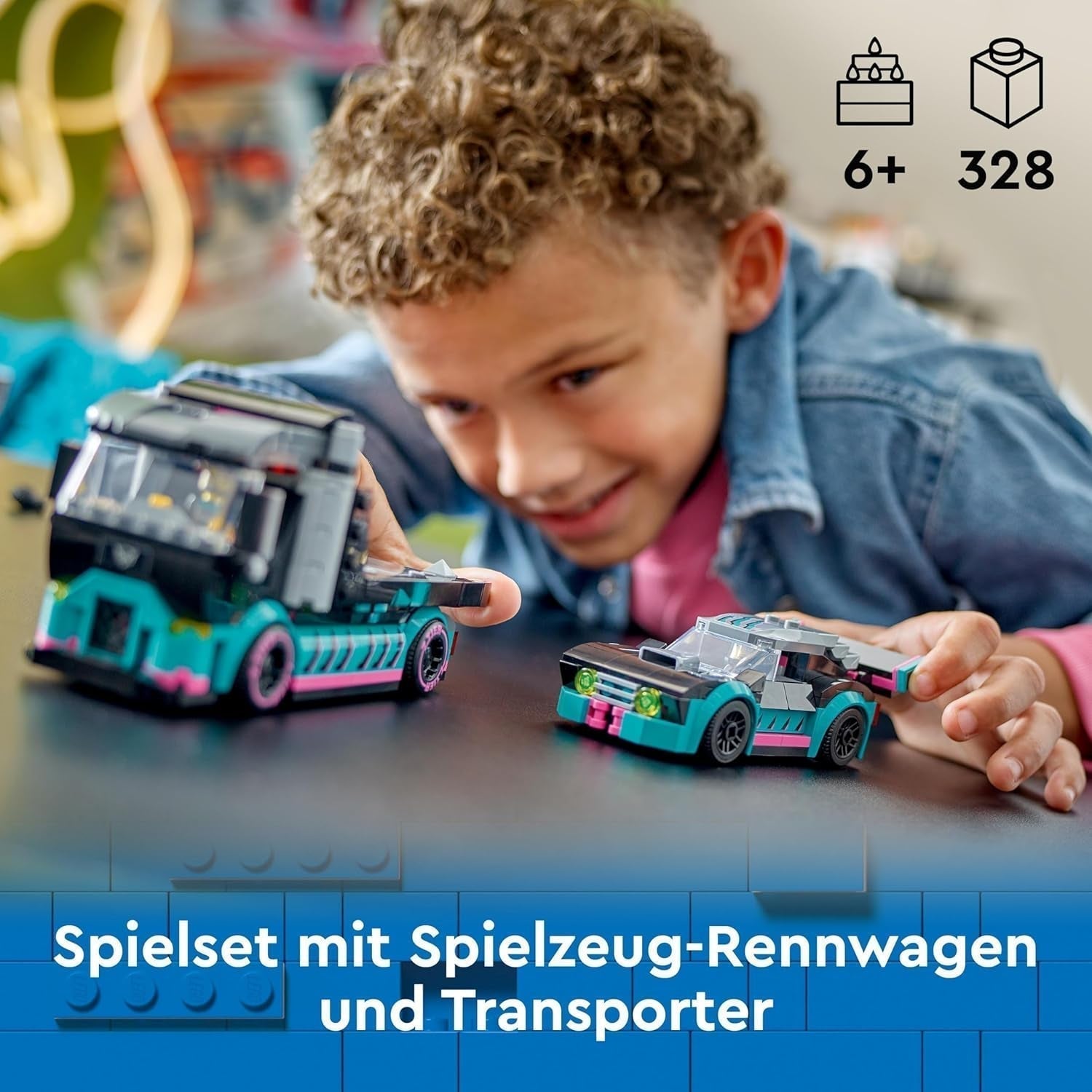 LEGO City Car Transporter med racerbil, leksaksbil med justerbar lastramp och racerbil, byggset med 2 minifigurer, racerförare och lastbilsförare, för barn från 6 år 60406 Byggset Besuche den LEGO-Store