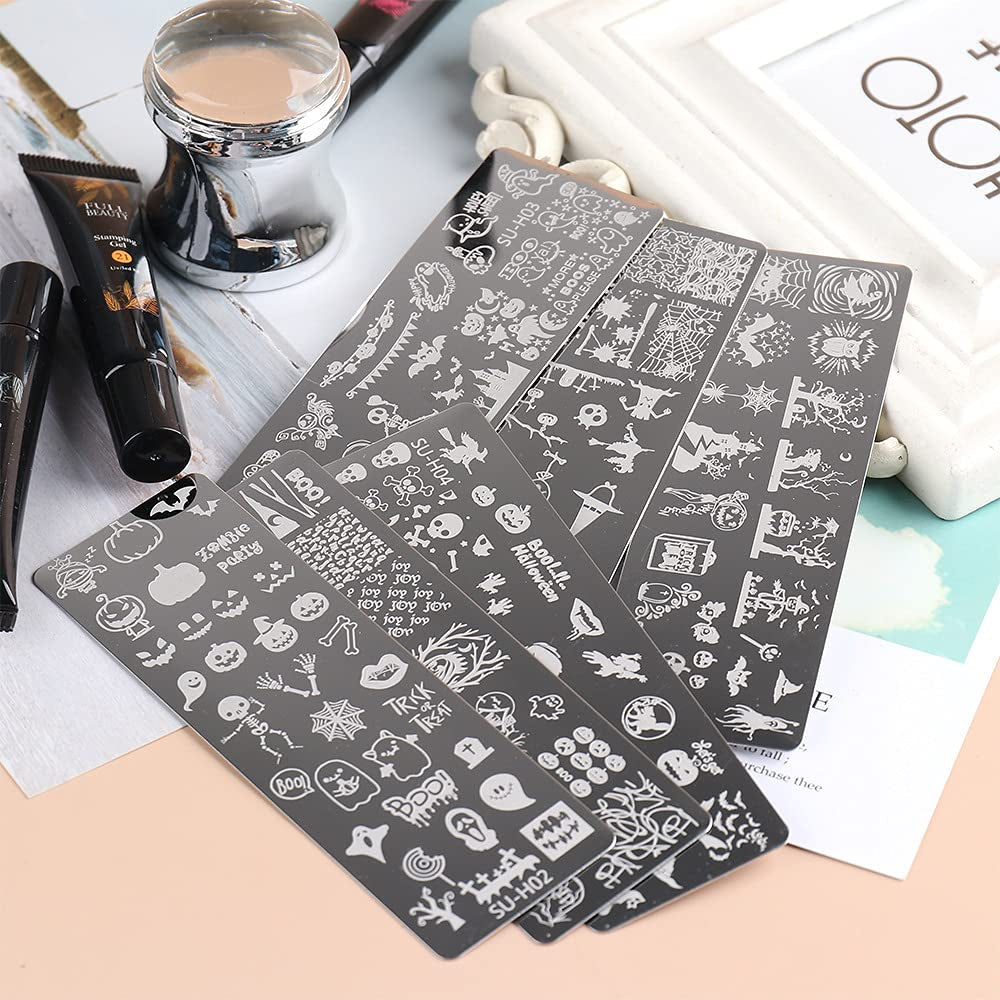 JMEOWIO Nail Stamping Stencils Halloween 6 Stück Nagelstempel Stencils Nail Art Dekoration Nageldesign Zubehör Böse Gruselige Kürbis-Geisterhexe