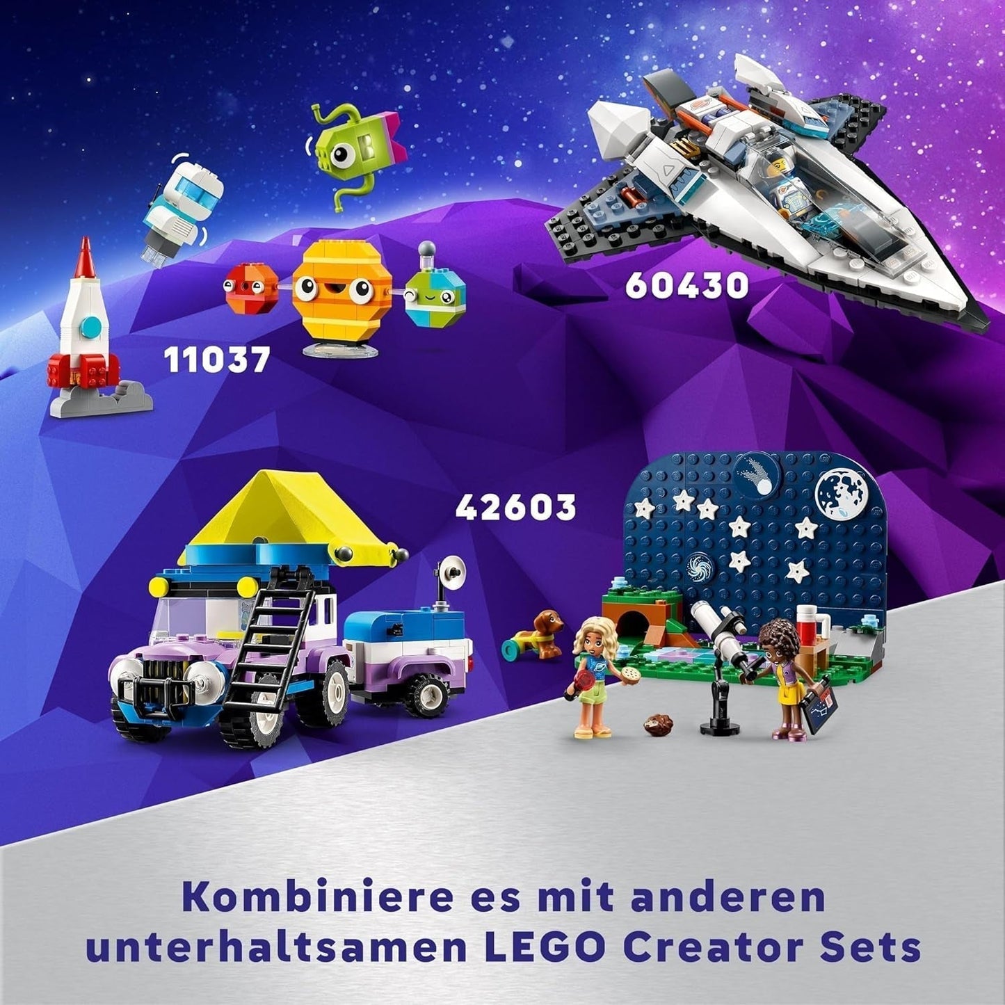 LEGO Friends Stargazer campingfordonsset med terrängfordon och leksaksteleskop, present till flickor och pojkar från 7 år, innehåller lekfigurer Nova, Aliya och en hund 42603 Byggset Besuche den LEGO-Store