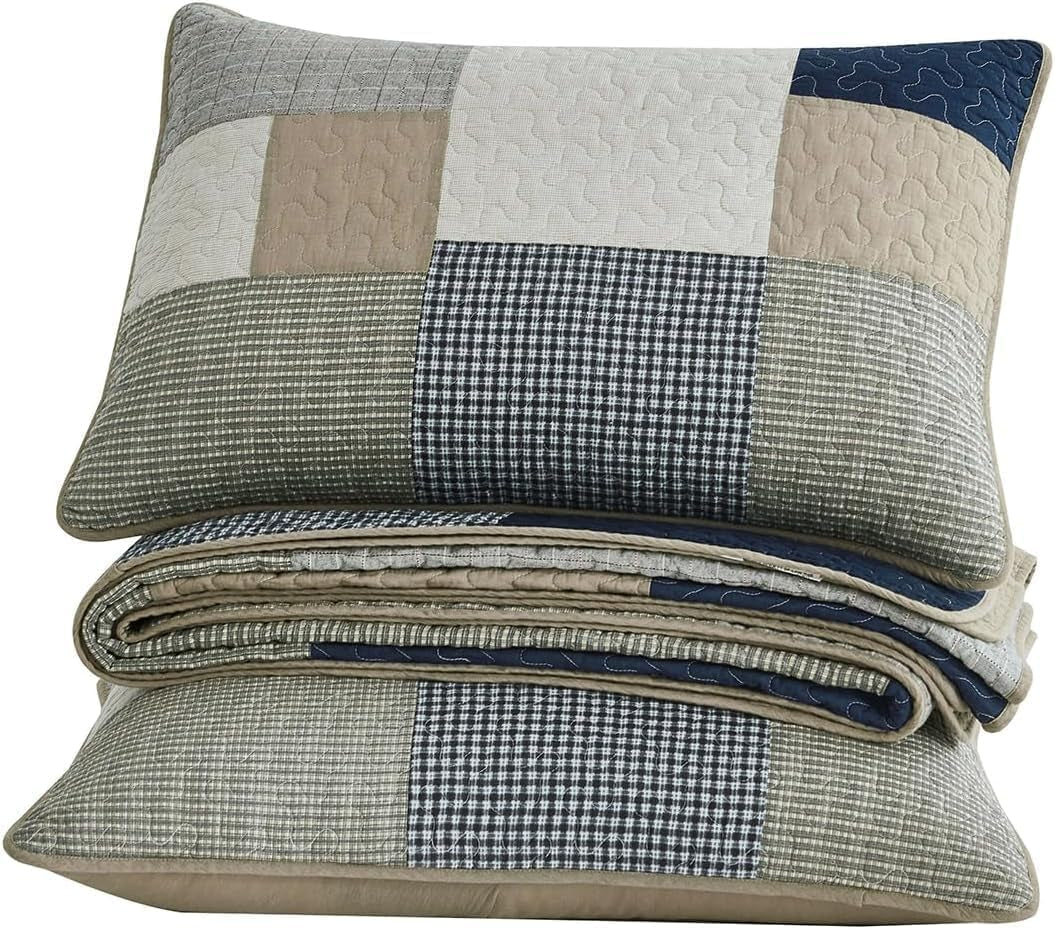 Chezmoi Collection Addy Patchwork Quilt Set Förtvättad bomull Lätt Vändbar All Seasons Oversized 3 delar Marinblå Vit Grå Taupe Pläd Quilts & Quilts Naty Shop