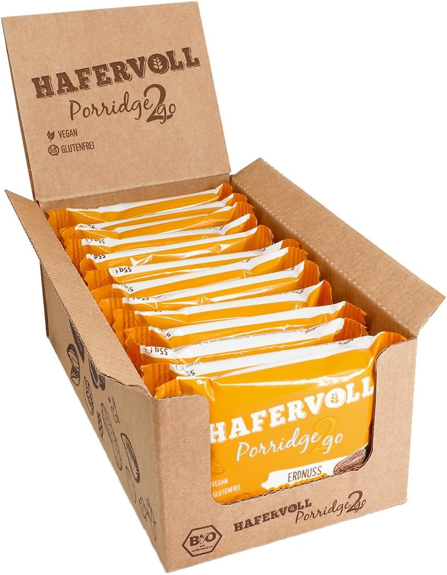 Hafervoll Porridge2go jordnötssmör och nötter, 13 barer x 55 g - vegansk, ekologisk, glutenfri, utan tillsatt socker mellanmål, med havre, dadlar och quinoagodis