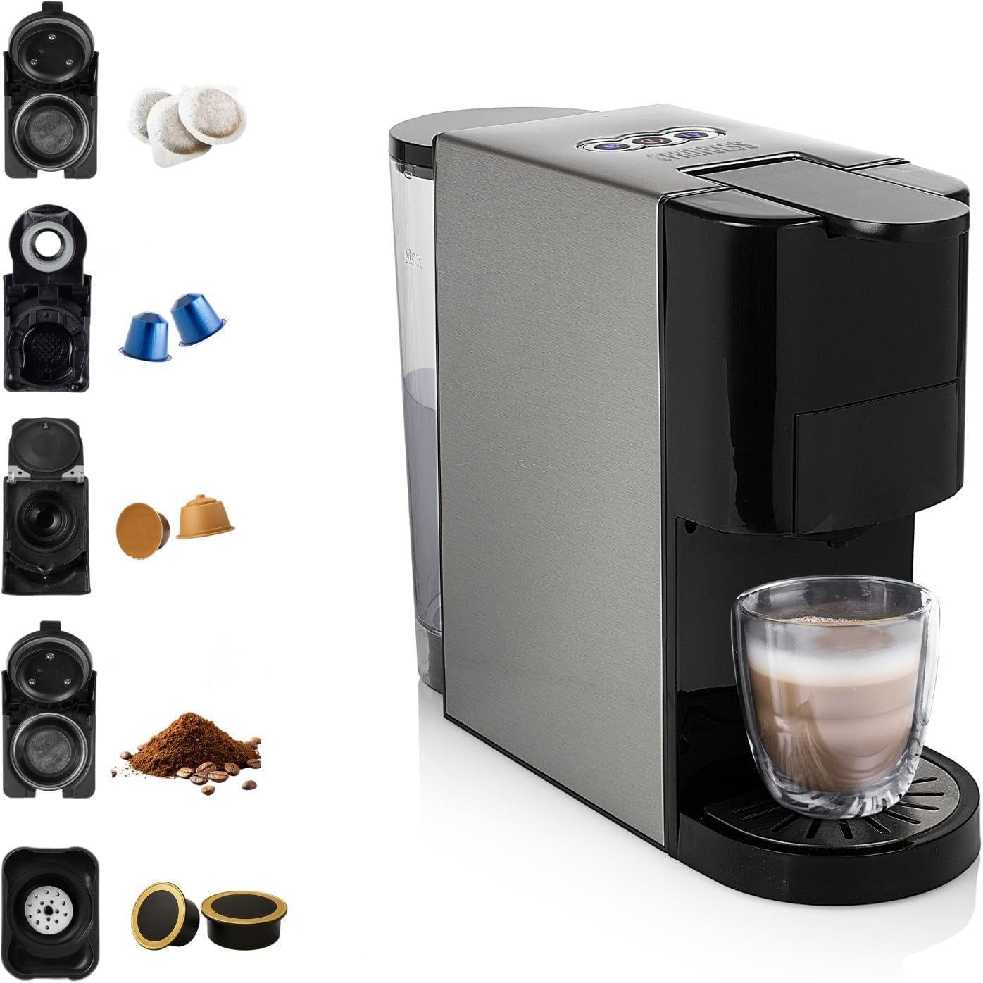 Princess 5 i 1 multikapsel espressomaskin - kompatibel med Nespresso, Dolce Gusto, Lavazza a Modo Mio och ESE-kuddar, 0,8L Kapacitet, 1450W, Silver, Svart