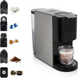 Princess 5 i 1 multikapsel espressomaskin - kompatibel med Nespresso, Dolce Gusto, Lavazza a Modo Mio och ESE-kuddar, 0,8L Kapacitet, 1450W, Silver, Svart