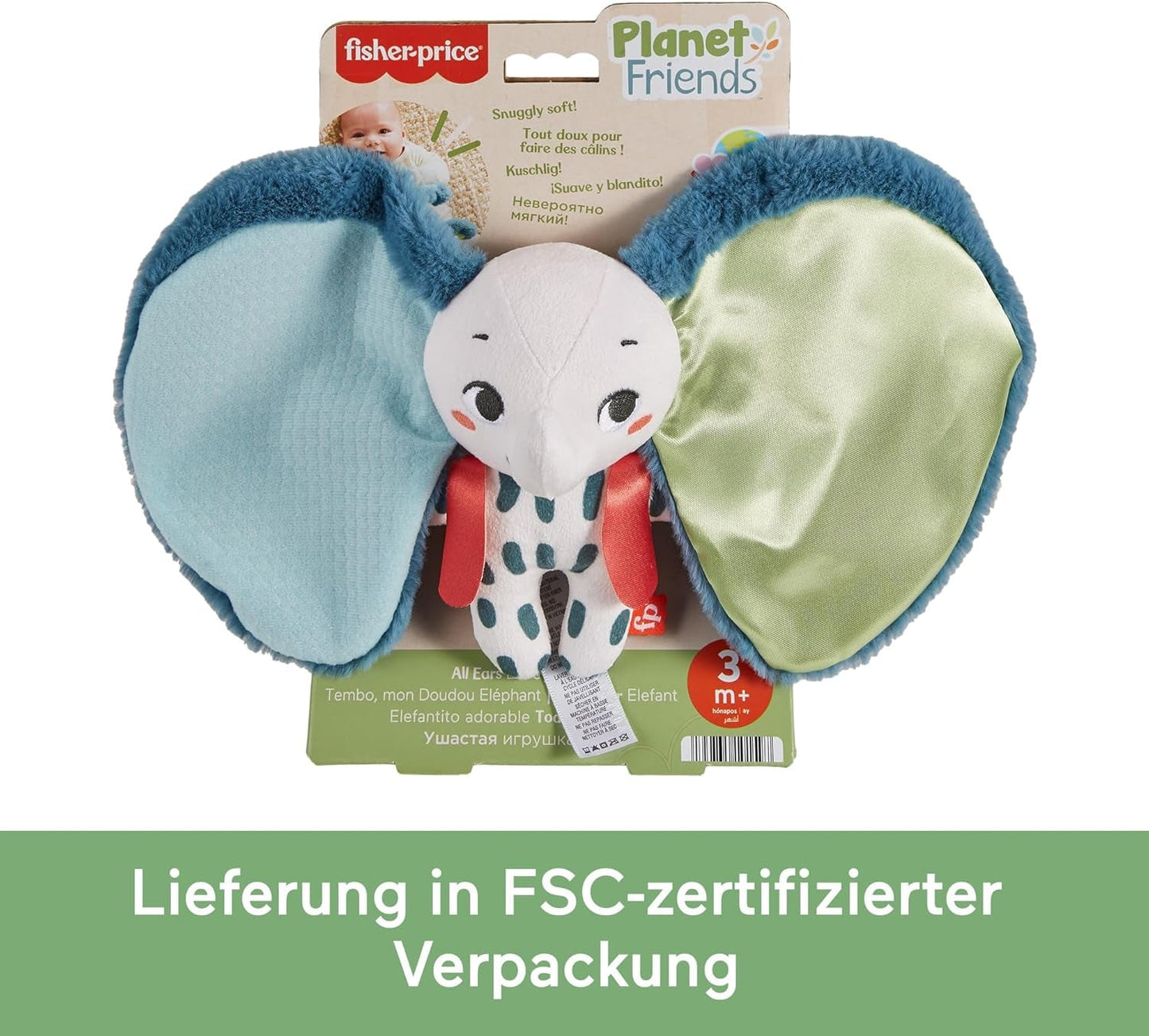 Fisher-Price Giant Ear Elephant - Bedårande mjuk plyschleksak med extra stora öron, gjord av 90 % återvunnen plast och FSC-certifierad förpackning, för bebisar från 3 månader och uppåt, HKD63 Bebe Toys Naty Shop