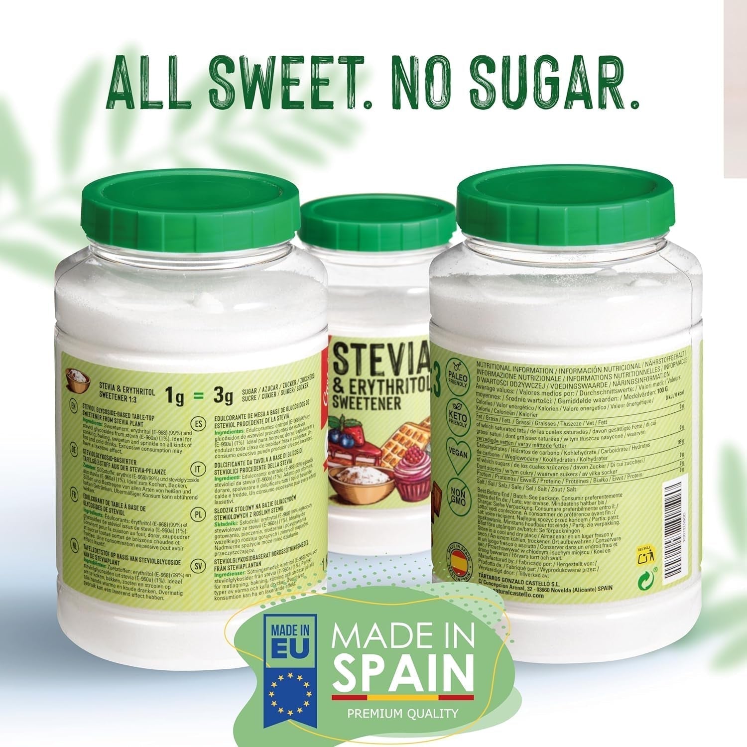 Stevia + Erythritol 1:3 Süßstoff | 1G = 3G Zucker | 100% Natürlicher Zuckerersatz - 0 Kalorien - 0 Glykämischer Index - Keto Und Paleo - 0 Netto-Kohlenhydrat - Kein GVO - Castello sedan 1907-1 Kg Sweeteners Naty Shop