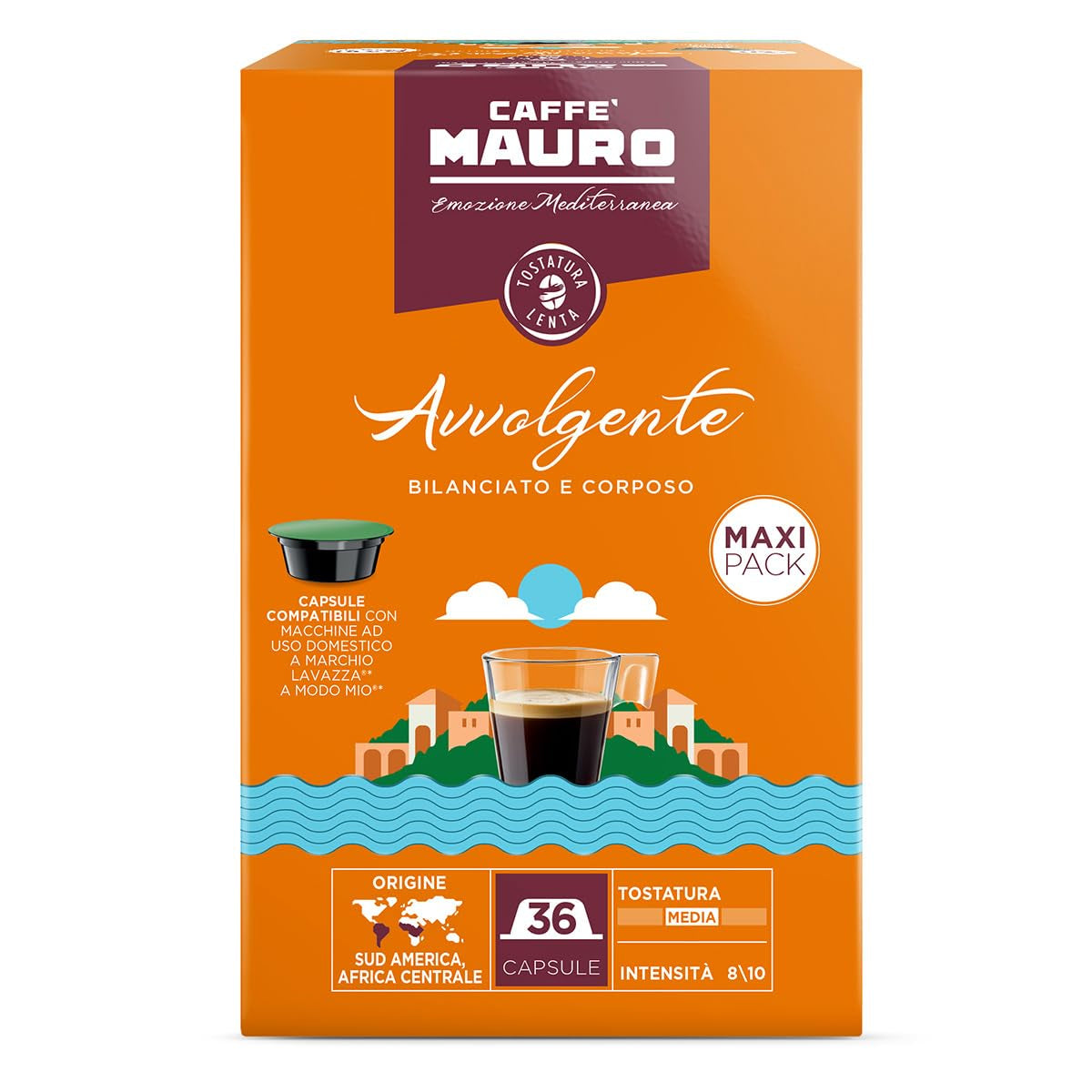 Caffè Mauro Torrefazione Kaffeekapseln Espresso Avvolgente, Intensität 8/10-144 Kapseln Kompatibel med Kaffeemaschinen der Marke Lavazza* A Modo Mio*, 144 Stück, Hergestellt in Italien