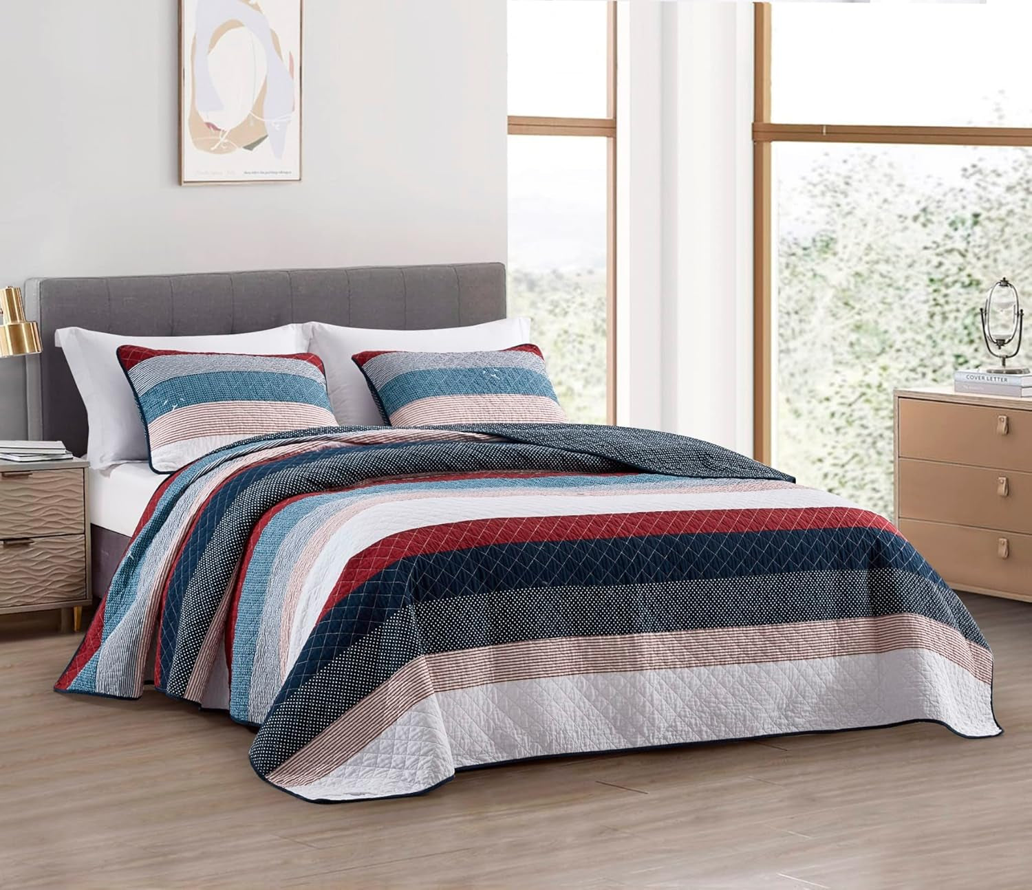 Chezmoi Collection Addy Patchwork Quilt Set Bomull Förtvättad Lätt Vändbar All Seasons Oversized 3 delar Marinblå Vit Grå Taupe Pläd Quilts & Quilts Naty Shop Modern Patchwork Dotted King