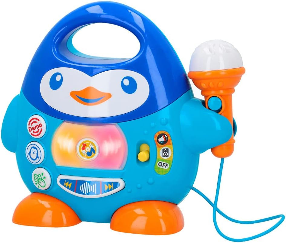 WinFun karaokemusikspelare, pingvindesign, med blinkande ljus och ekoeffekter, i blått, lekfullt stil, USB-anslutning Baby Toys Naty Shop