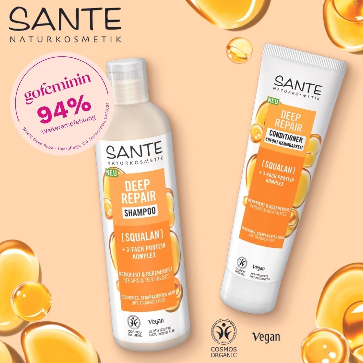 SANTE Natural Cosmetics Deep Repair Mask Squalane + 3x proteinkomplex, vegansk hårmask för intensiv återfuktning och flexibelt hår, reparerar och regenererar skadat hår, 150 ml Naty Shop Hair Mask