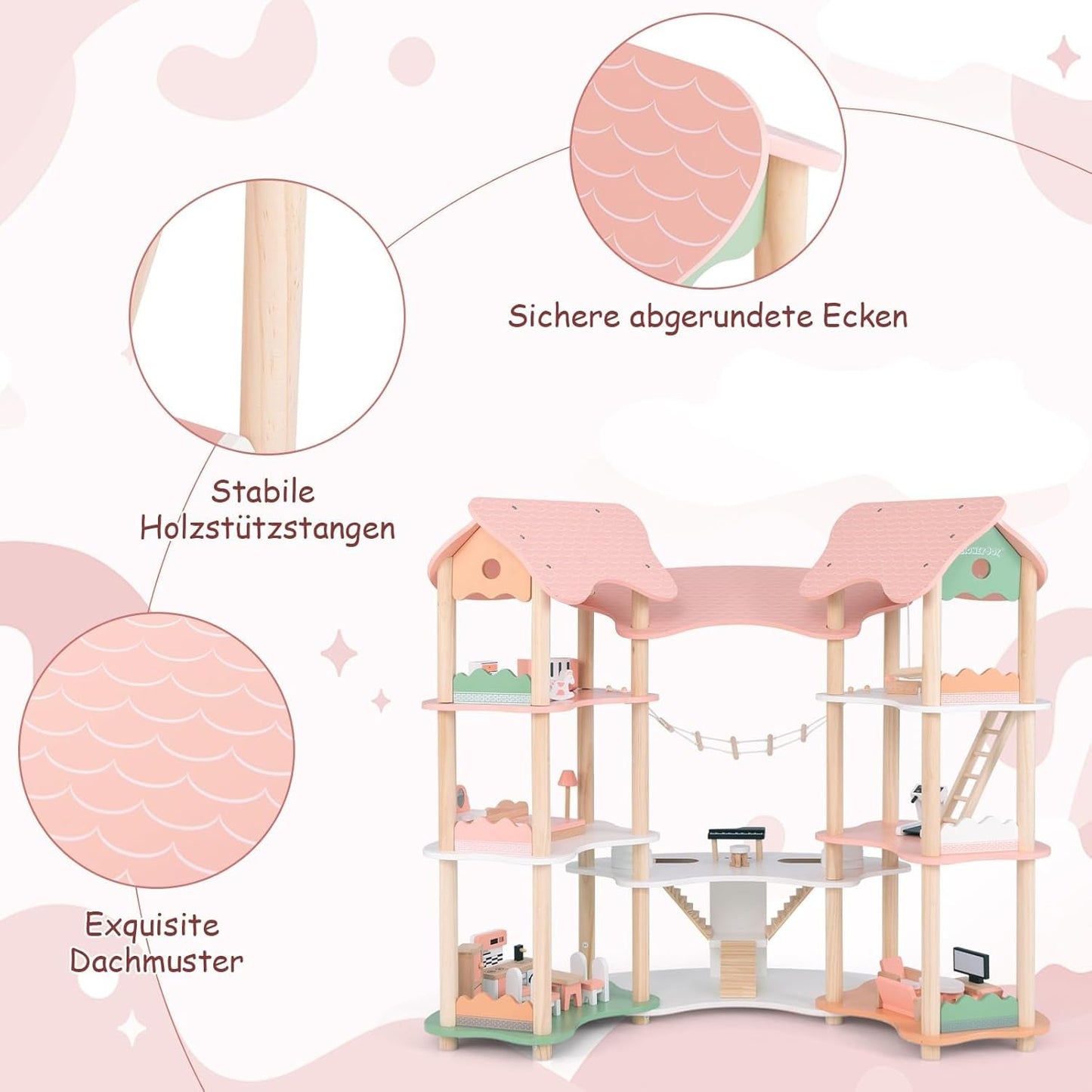 FANTASK dockskåp i trä, 85 cm höjd 7-rumsdockhus med 32 möbler och tillbehör, dockskåp med repstege, dockhuspresent för 3-åriga flickor (modell 3) Naty Shop dockskåp