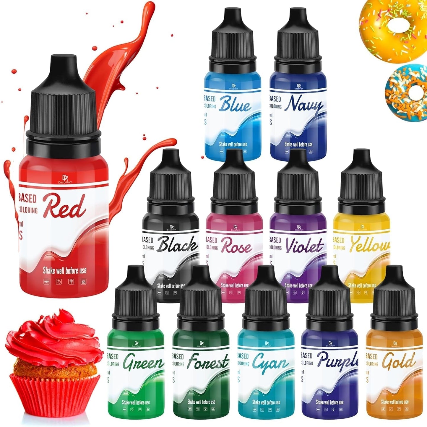 Fettlöslig choklad matfärgning - 12 färger oljebaserad matfärg för fondant, tårtdekorering, bakning - flytande matfärg för kakaosmör, smörkräm, kakor - 10 ml styck