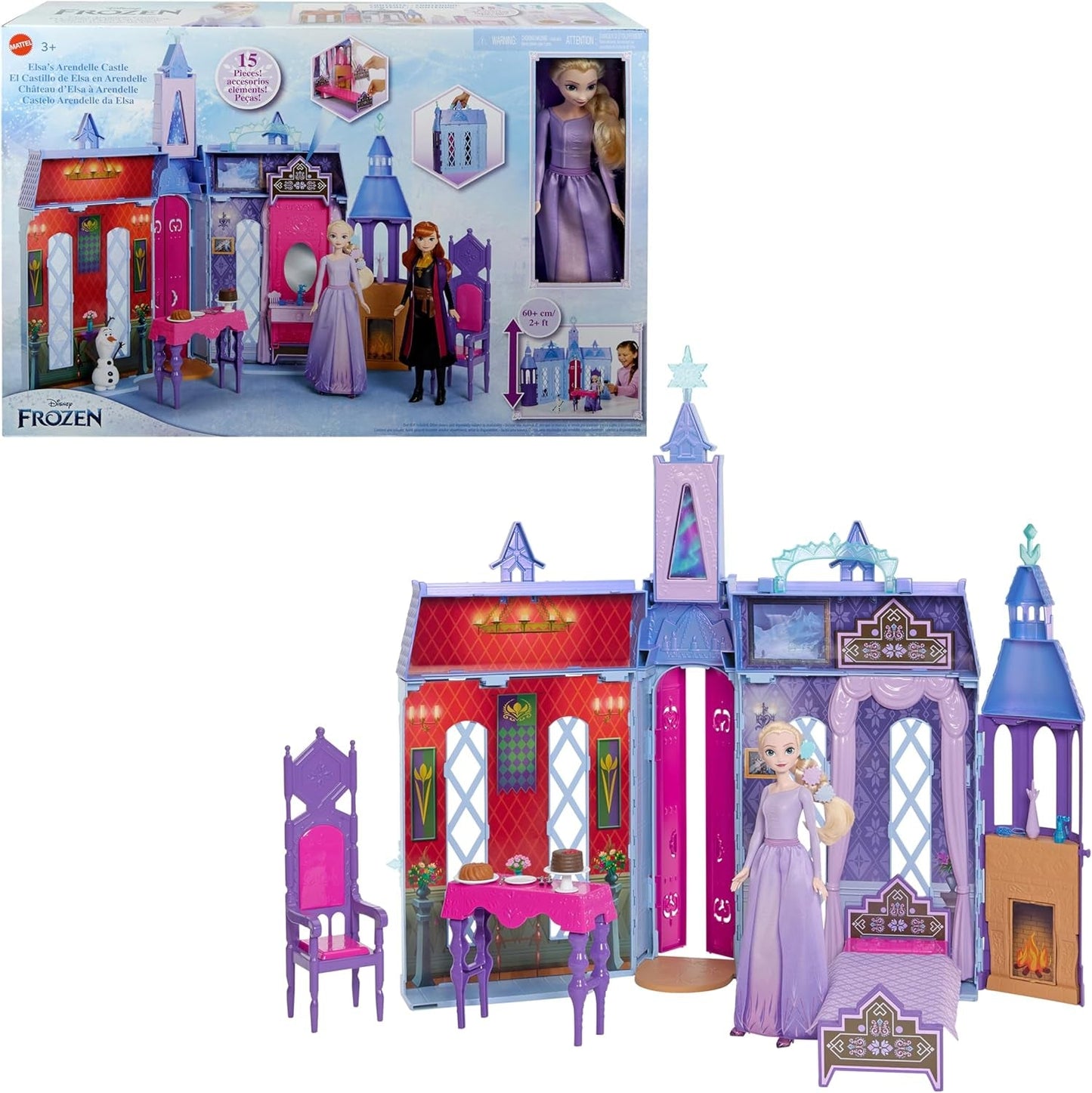 Mattel Disney Frozen - Castle Arendelle Dollhouse (60cm+) med Elsa Doll, 4 lekplatser och 15 delar av Disney Frozen II möbler och tillbehör, HLW61