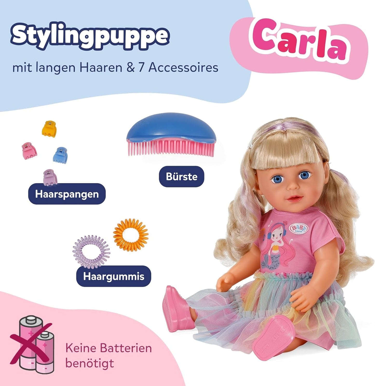 BABY born Carla - 43 cm docka - högkvalitativt blont hår med trådar - inga batterier krävs - lämplig för barn från 4 år och uppåt - innehåller 7 tillbehör, rosa