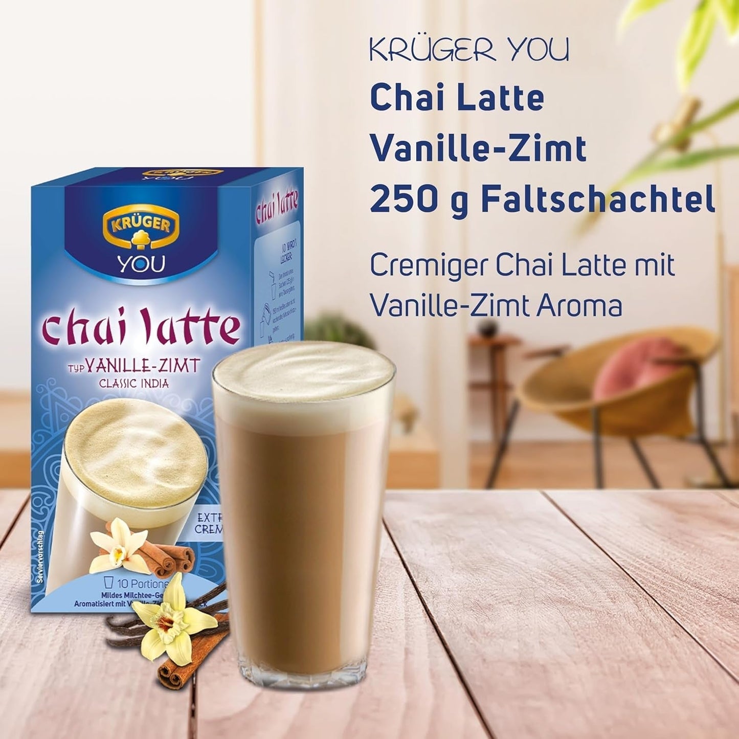 KRÜGER YOU Chai Latte Vaniljkanel, omedelbar förberedelse för mjölkdrycker, smaksatt med vanilj och kanel, 250 g (10 påsar à 25 g)