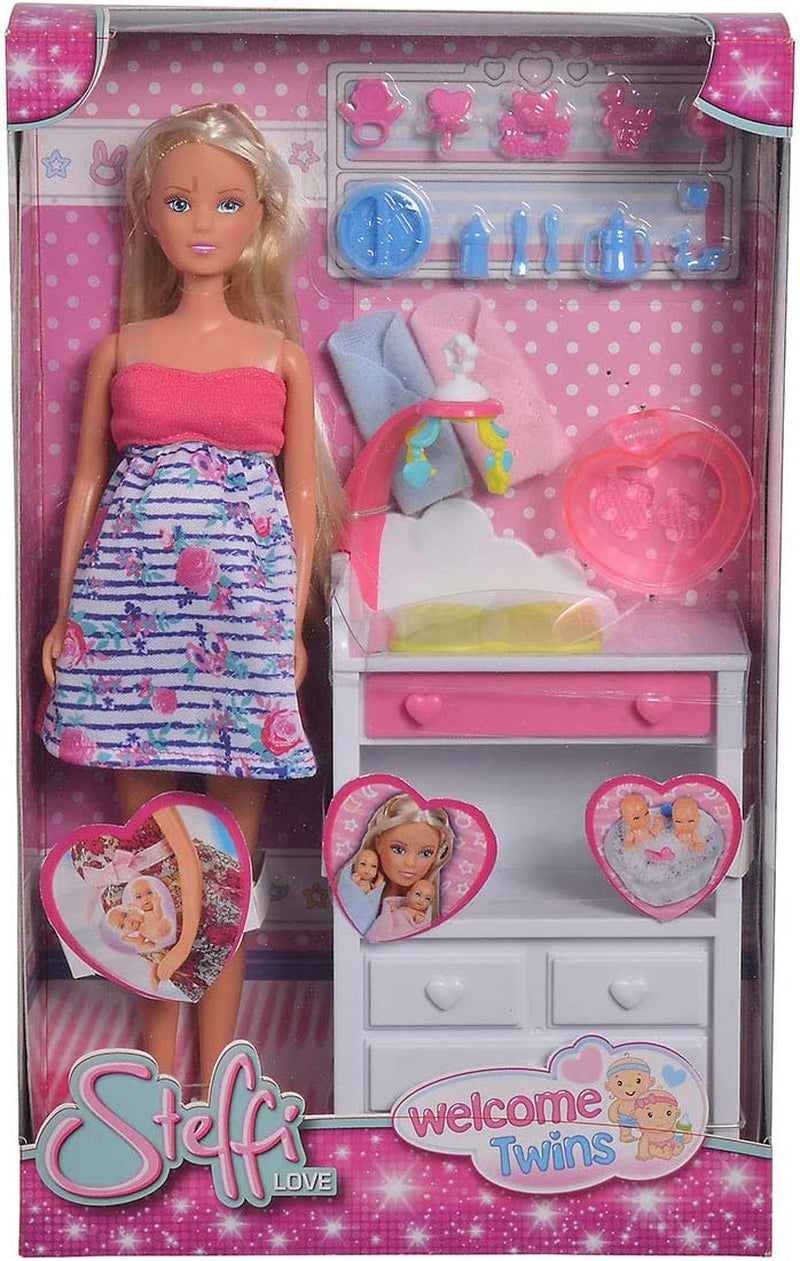 Simba 105733333 - Steffi Love Welcome Twins, Gravid docka, Med tvillingar, Med skötbord och badkar, Accessoar, Dress up docka, 29Cm, För barn från 3 år och uppåt Dolls Naty Shop