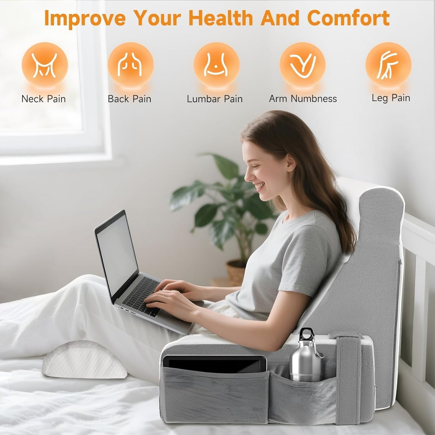Stor läskudde med avtagbart nackstöd och armstöd, ryggkudde till sängen, ergonomisk ryggkudde med arm, ficka och tvättbart överdrag för läsning och tv-tittande.