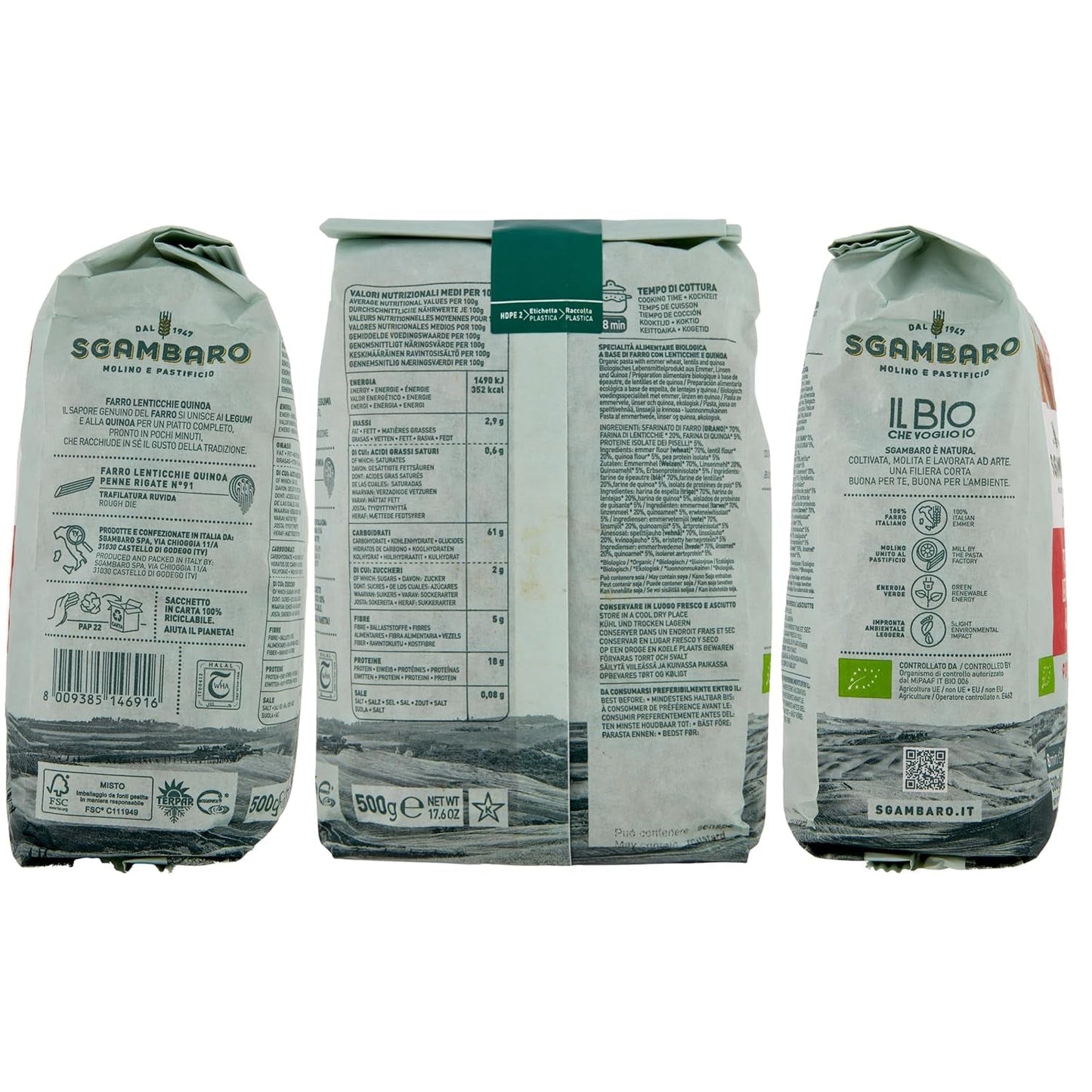 Ekologisk Penne Rigate Pasta N.91 - 500g med dinkelmjöl, linsmjöl och quinoamjöl - Rik på protein, källa till fiber och protein