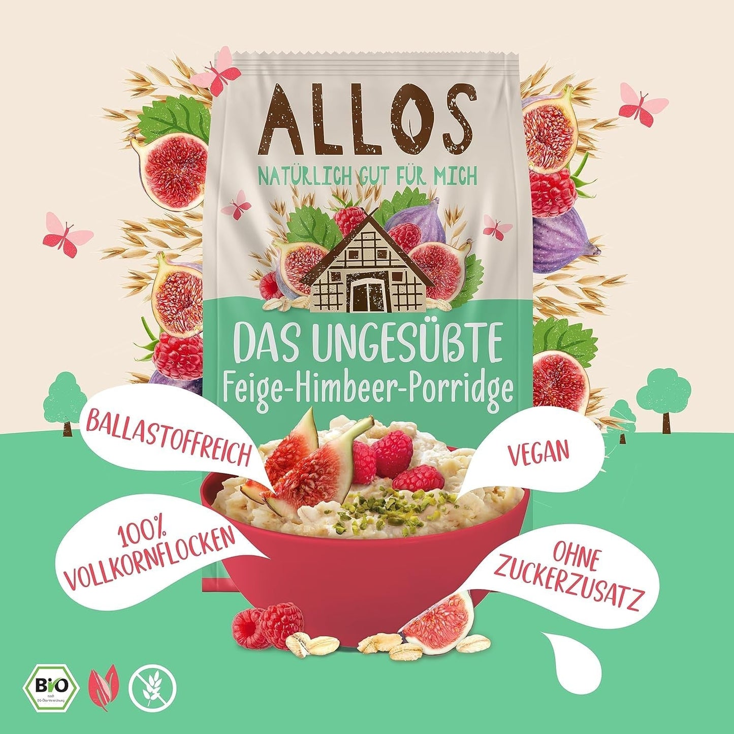 Osötad fikon- och hallongröt | Gröt utan socker | Ekologisk müsli | Müsli med frukt | Havregryn | Gröt till frukost | Spannmål till frukost | Vegan | Förpackning om 6 (6 x 500 g)