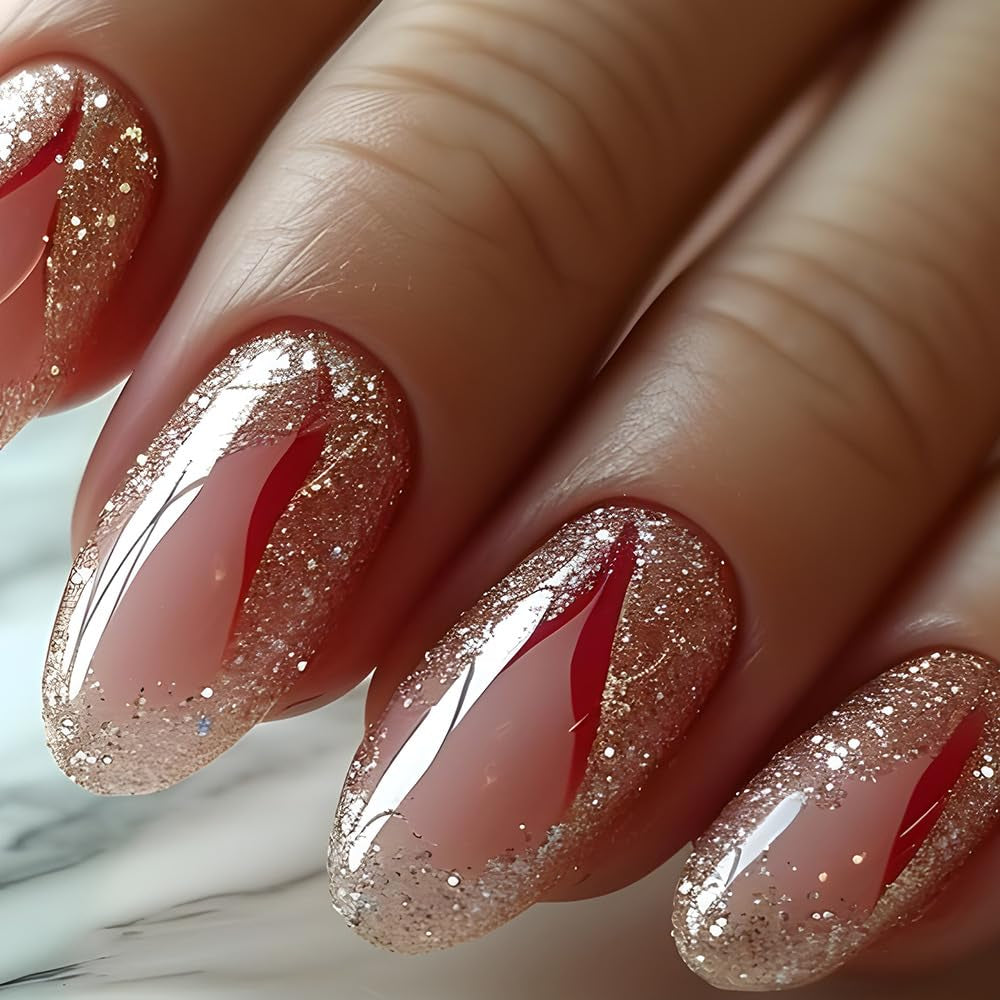 24st Kort tryck på naglar Guldglitter Fake Nails Lime On Red Swirl Adhesive Nails Set Akrylnaglar Dam Accessoarer