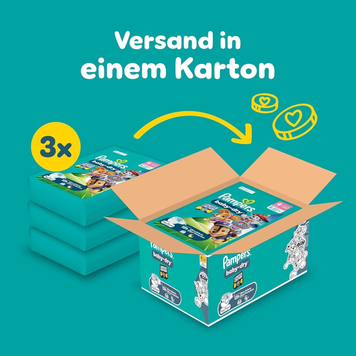 Pampers Baby-Dry Puppy Patrol Edition blöjor, storlek 4, 222 blöjor, 9 kg - 14 kg, upp till 100 % läckageskydd och komfort hela natten