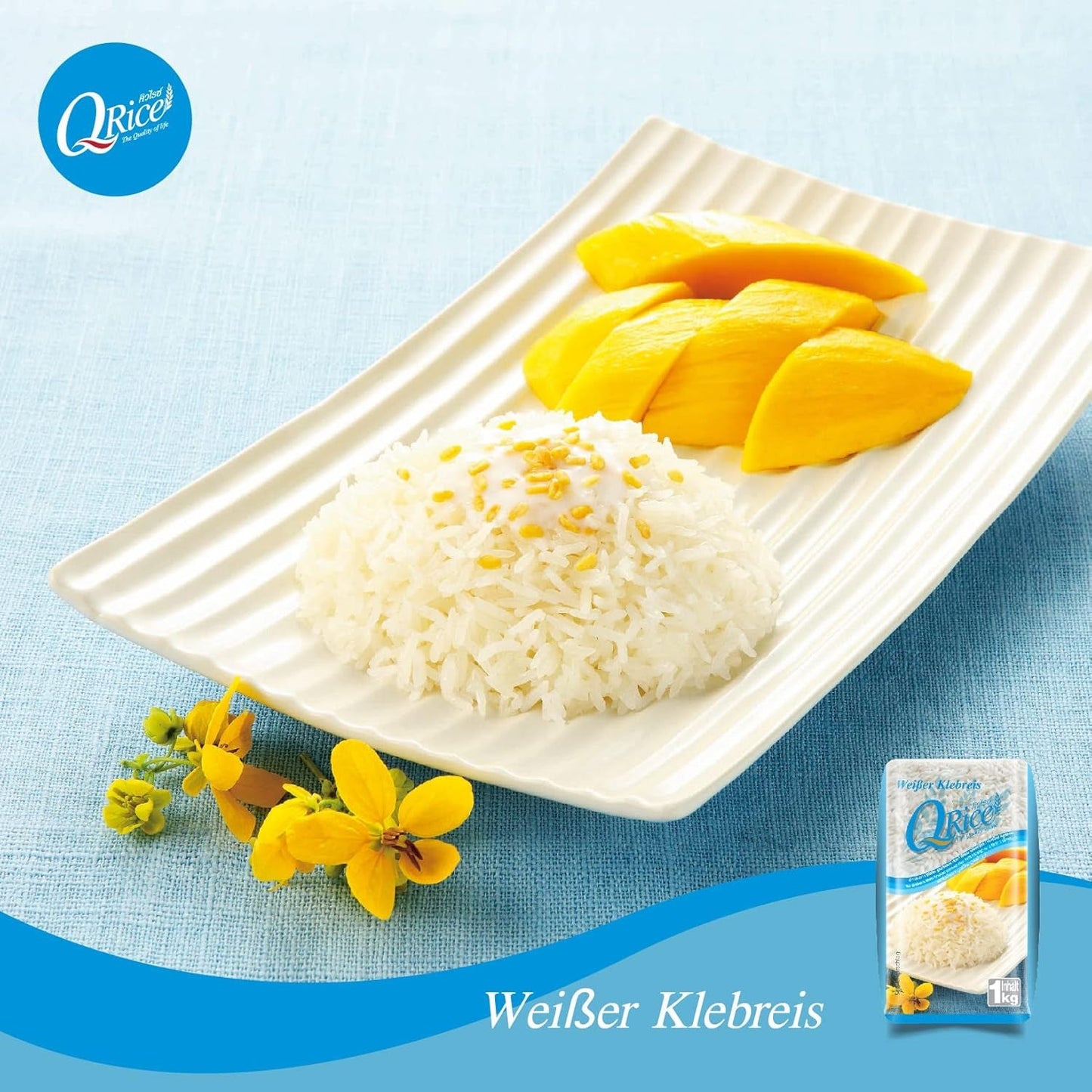 Q RICE | Weißer Klebreis Langkorn aus Thailand | Aromatisch mit klebriger Textur | Idealisk för curry, sushi, mochi eller rispudding 1 x 1 kg