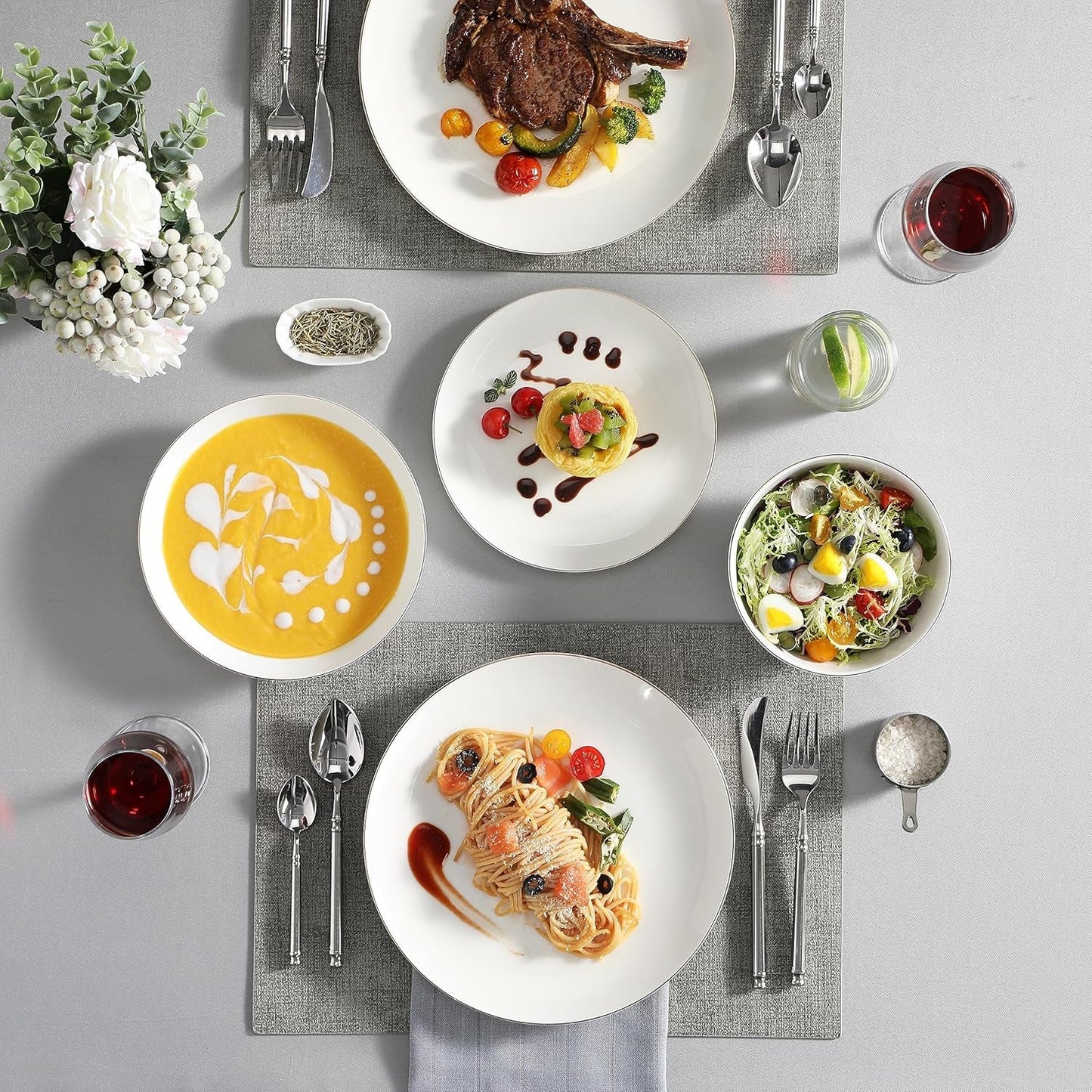 MALACASA 4-personers servisset Bone China 16-delat servisset runt vitt med guldkant Kombinationsset med 4 middagstallrikar 4 desserttallrikar 4 sumatallrikar och 4 spannmålsskålar NORI-serien